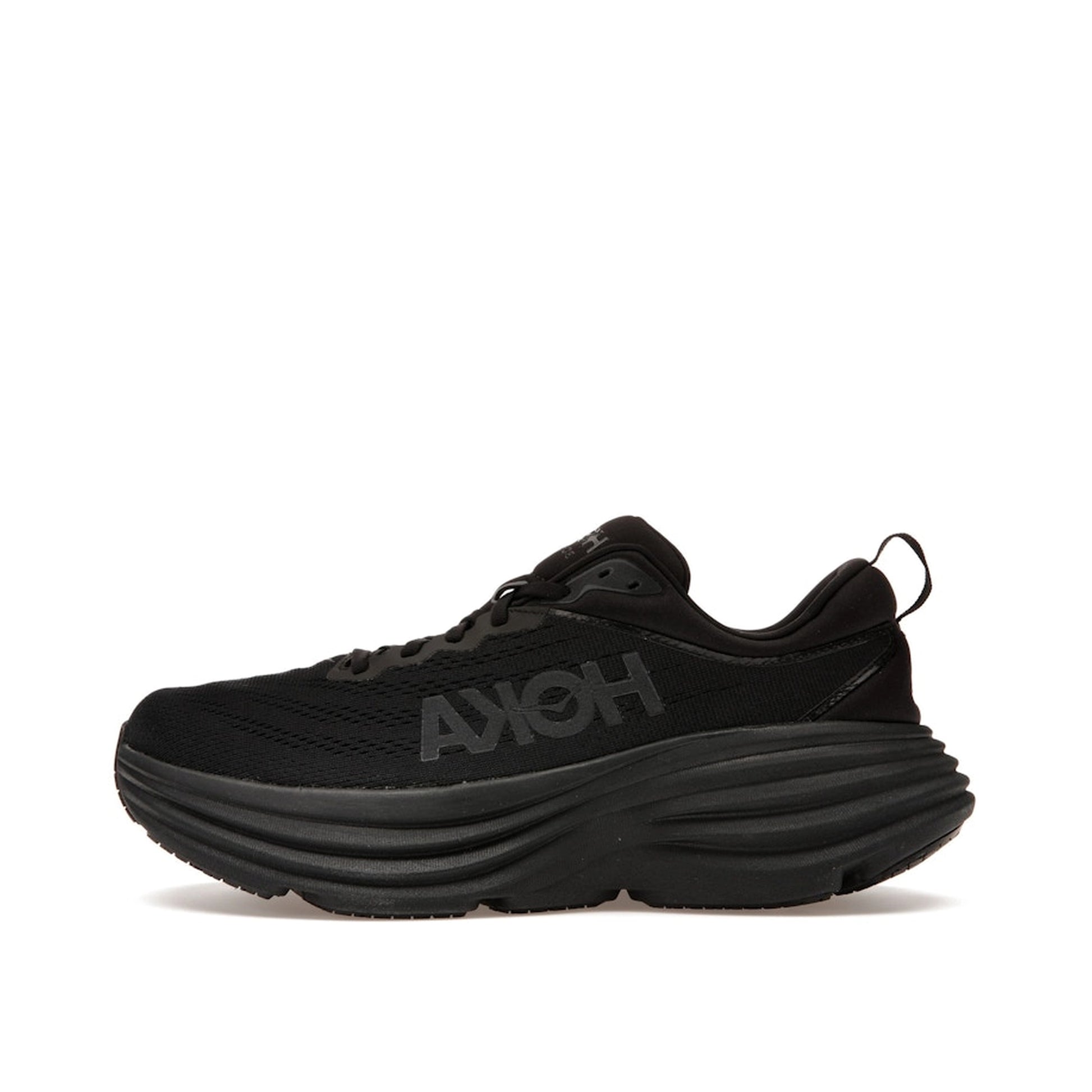 Hoka One One Bondi 8 Triple Black sneakers, side view, in all-black with cushioned sole.