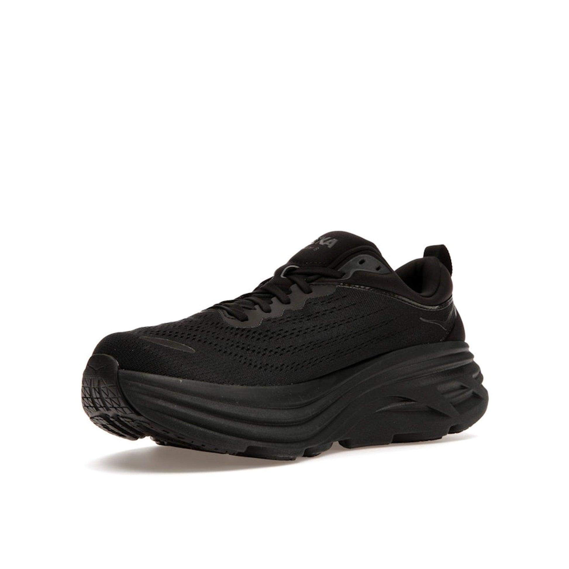 Hoka One One Bondi 8 Triple Black sneakers, front view, in all-black with cushioned sole.