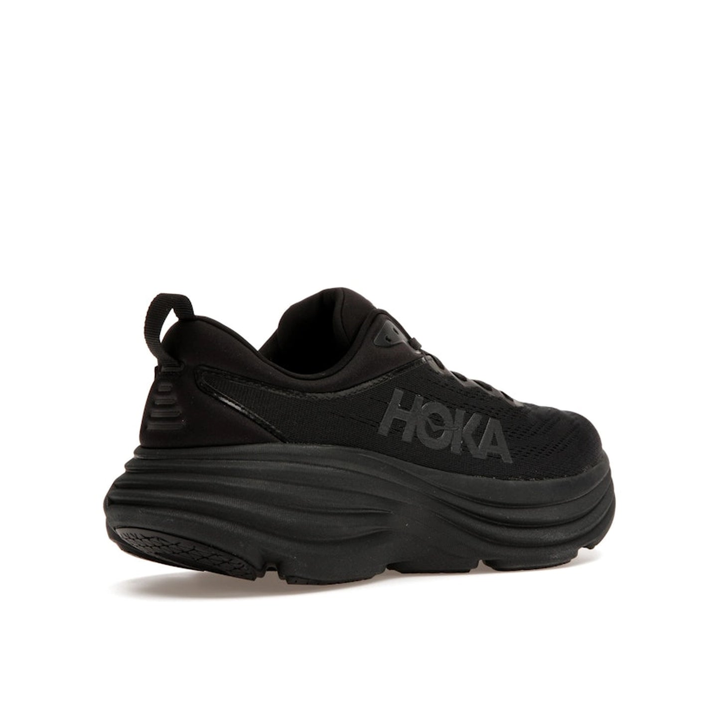 Hoka One One Bondi 8 Triple Black sneakers, back view, in all-black with cushioned sole.