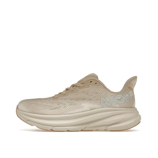 Hoka One One Clifton 9 sneakers for women, side view, model 1127896-SSEG, in shifting sand color with a comfortable fit.