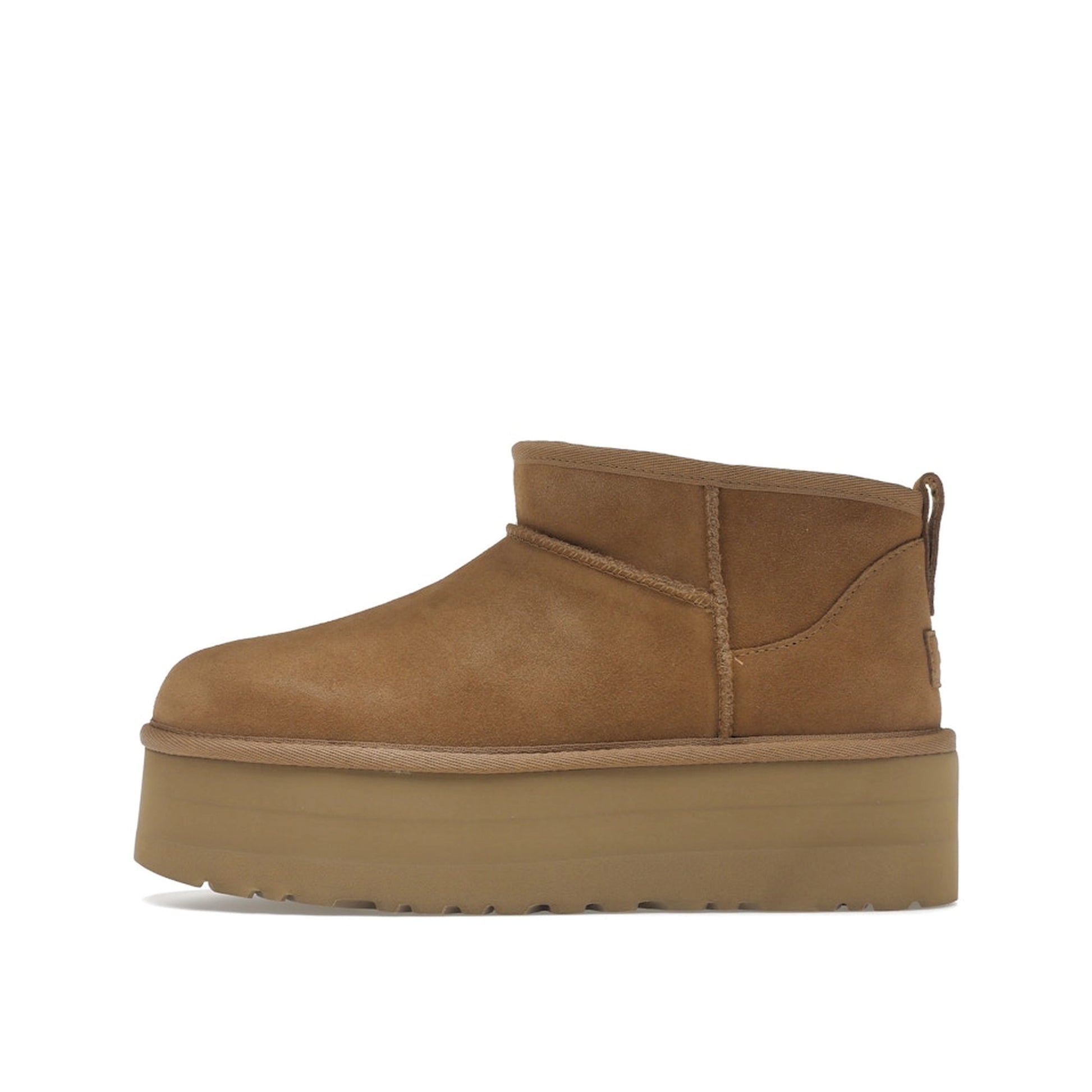 UGG Classic Ultra Mini Platform Boot Women's, side view, model 1135092-CHE, in chestnut with platform sole.