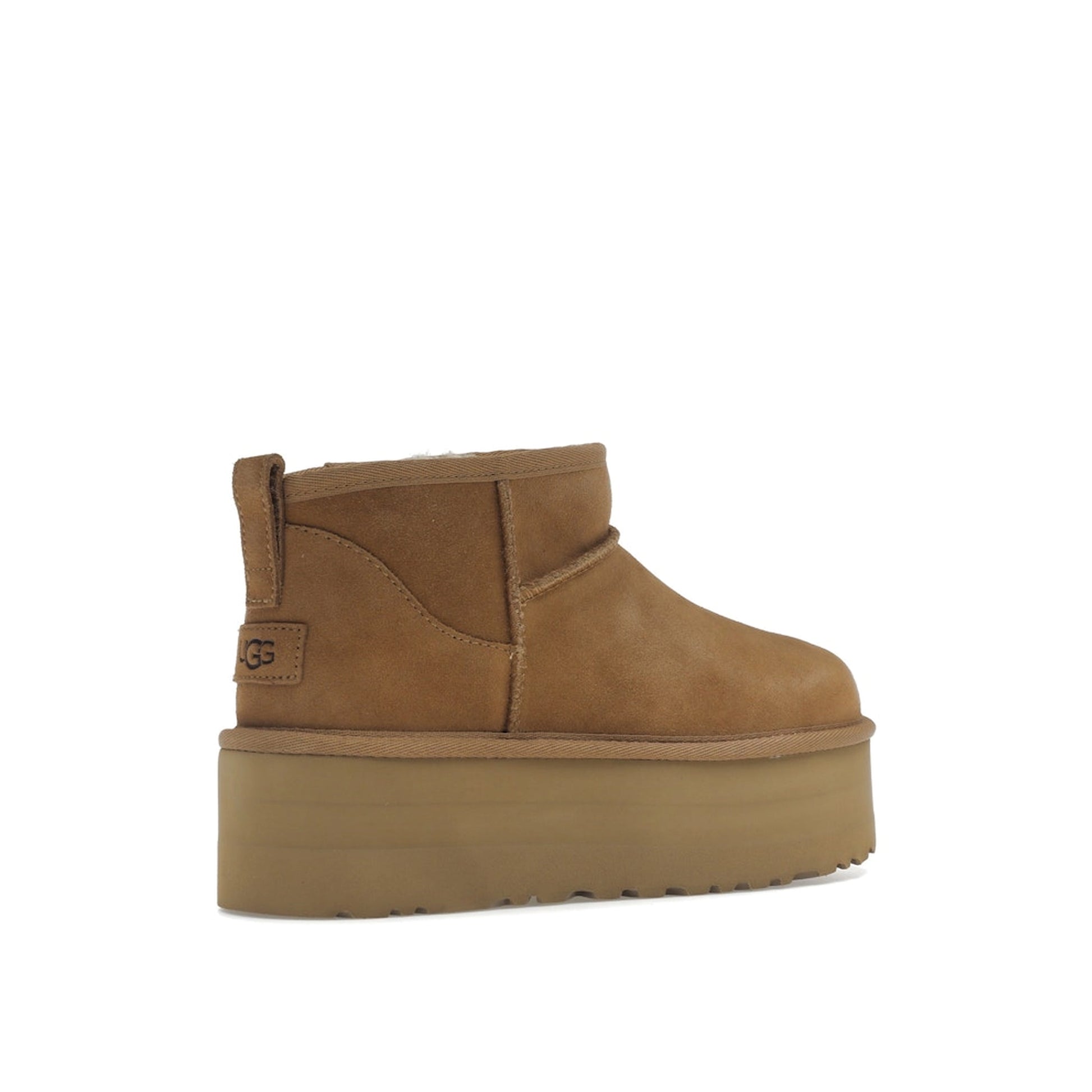 UGG Classic Ultra Mini Platform Boot Women's, back view, model 1135092-CHE, in chestnut with platform sole.