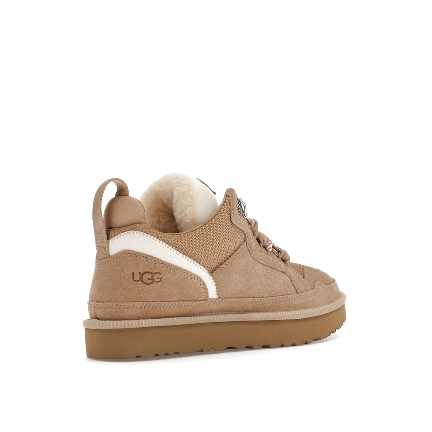 UGG Lowmel Sand Women's slippers, back view, model 1144032-SAN, in soft sand color with plush lining.