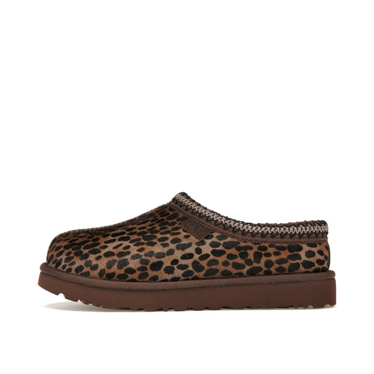 UGG Tasman Slipper Women's, side view, model 1158350-BCDR, in caspian burnt cedar with leopard print.