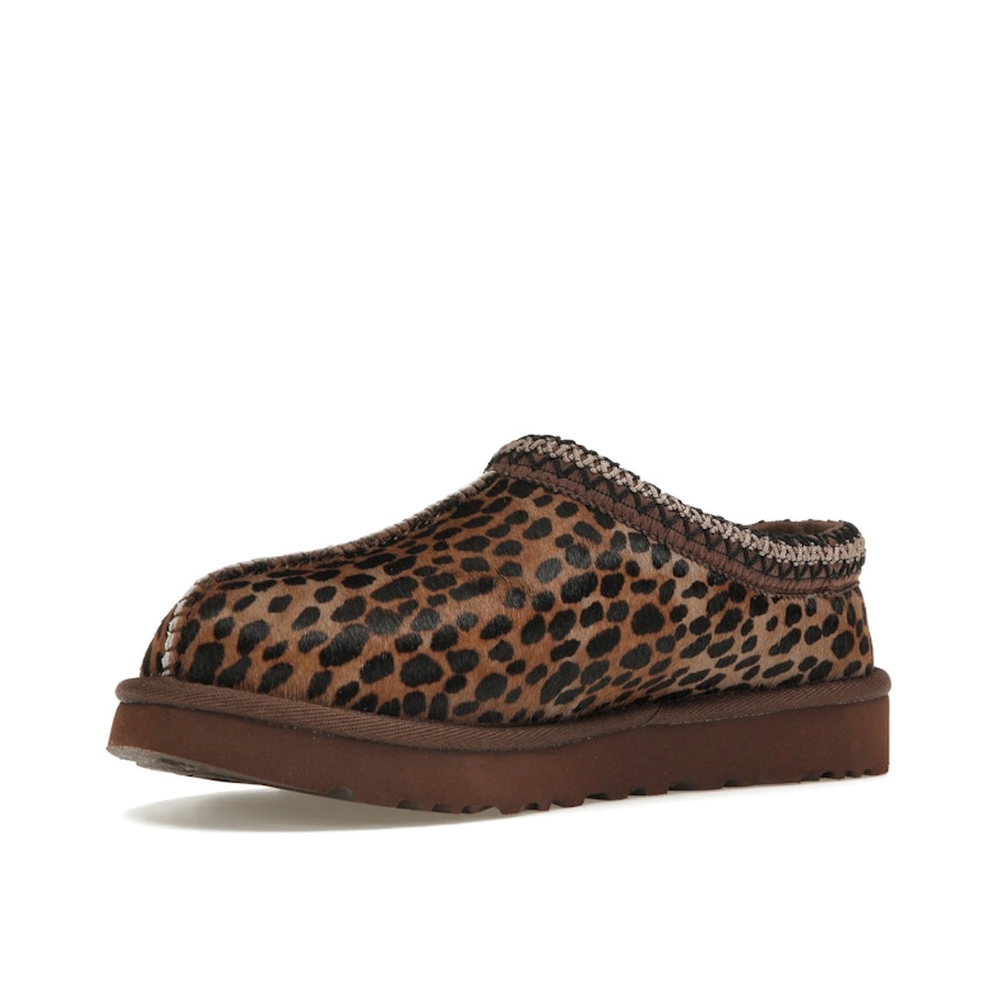 UGG Tasman Slipper Women's, front view, model 1158350-BCDR, in caspian burnt cedar with leopard print.