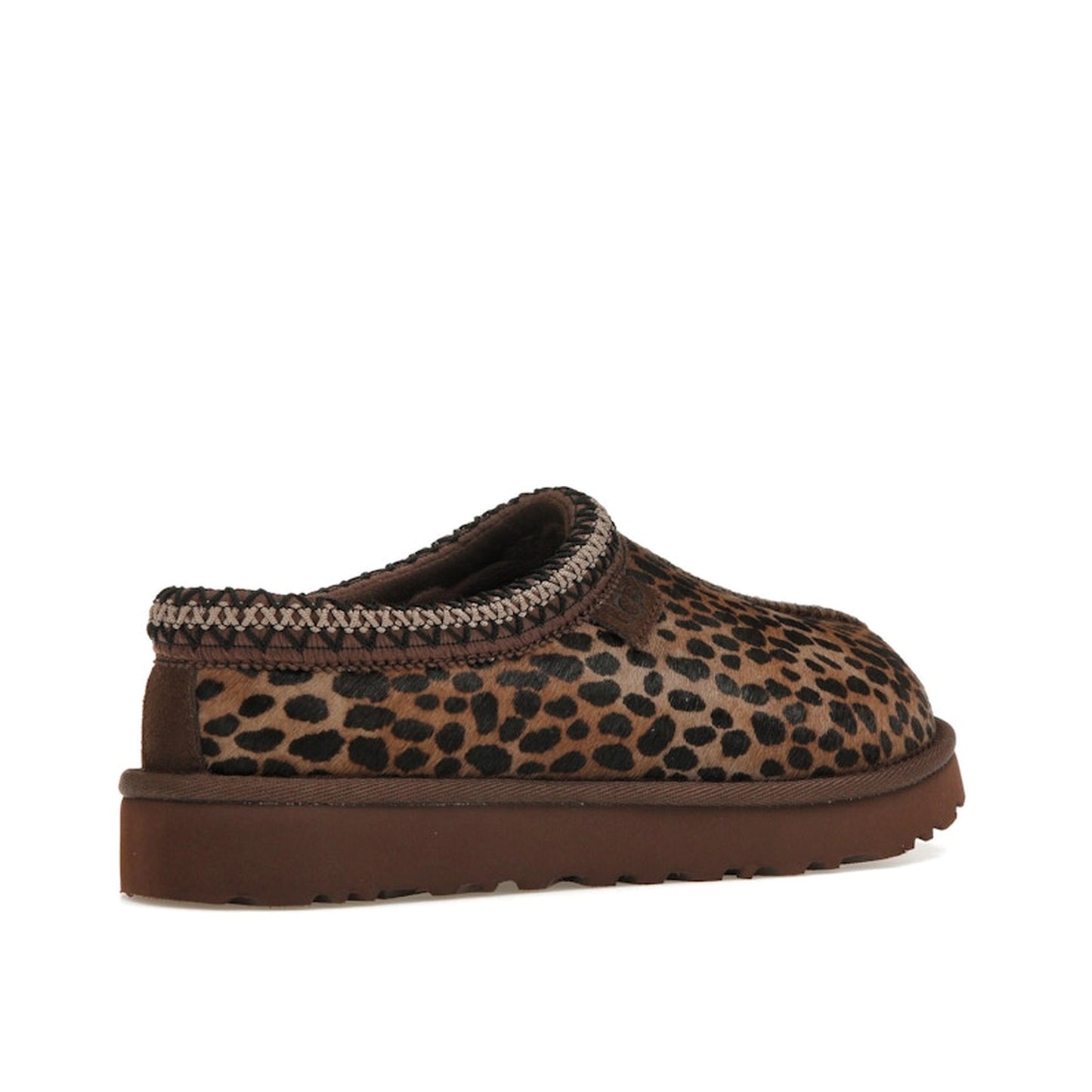 UGG Tasman Slipper Women's, back view, model 1158350-BCDR, in caspian burnt cedar with leopard print.