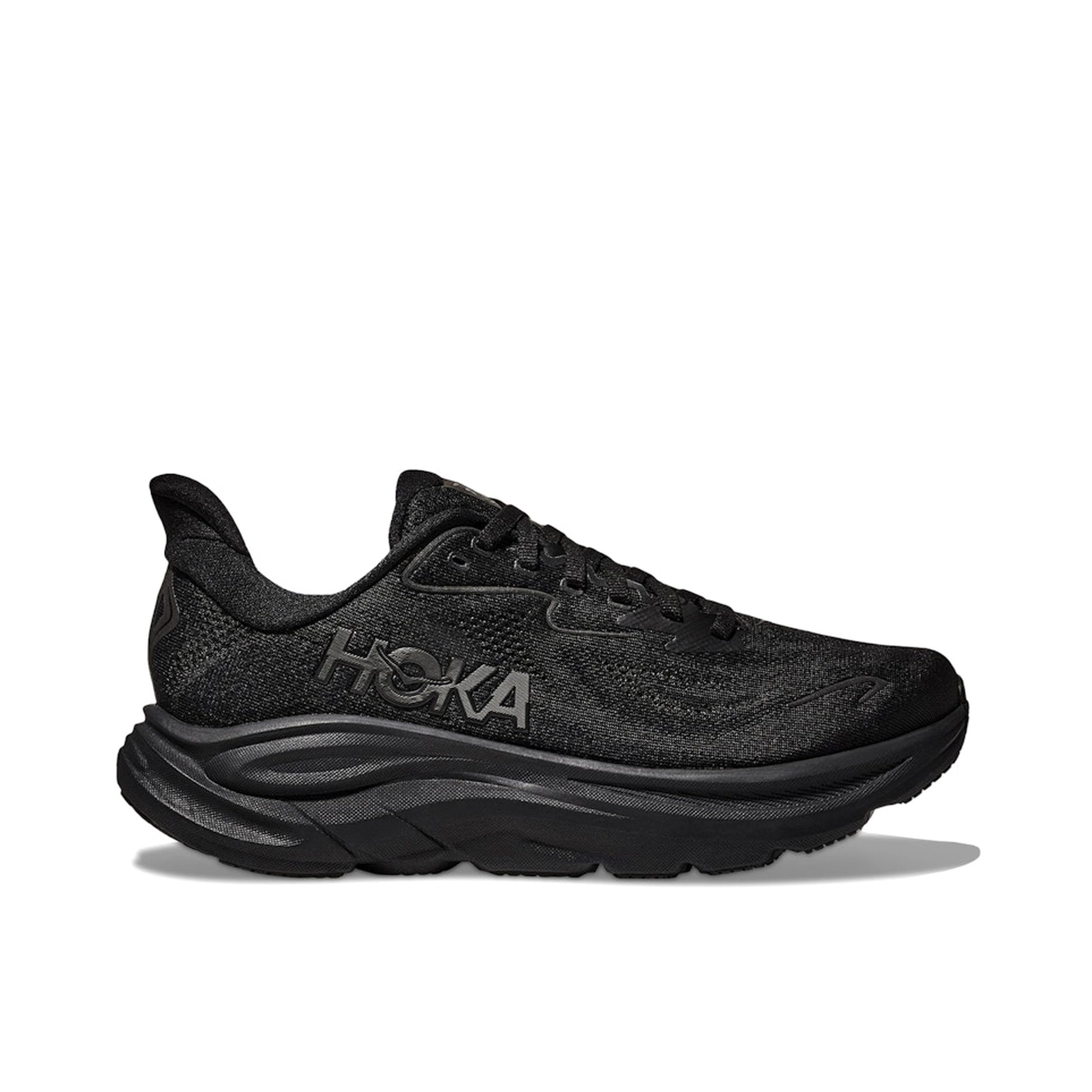 Hoka Clifton 10 Black, side view, all-black mesh upper with sculpted foam midsole.