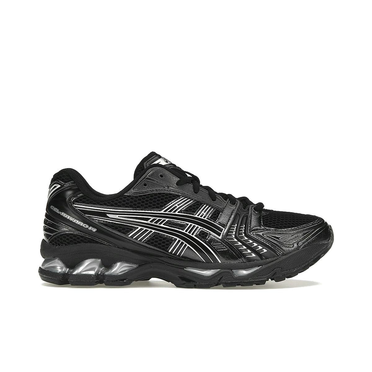 ASICS Gel-Kayano 14 black with pure silver accents, leather construction