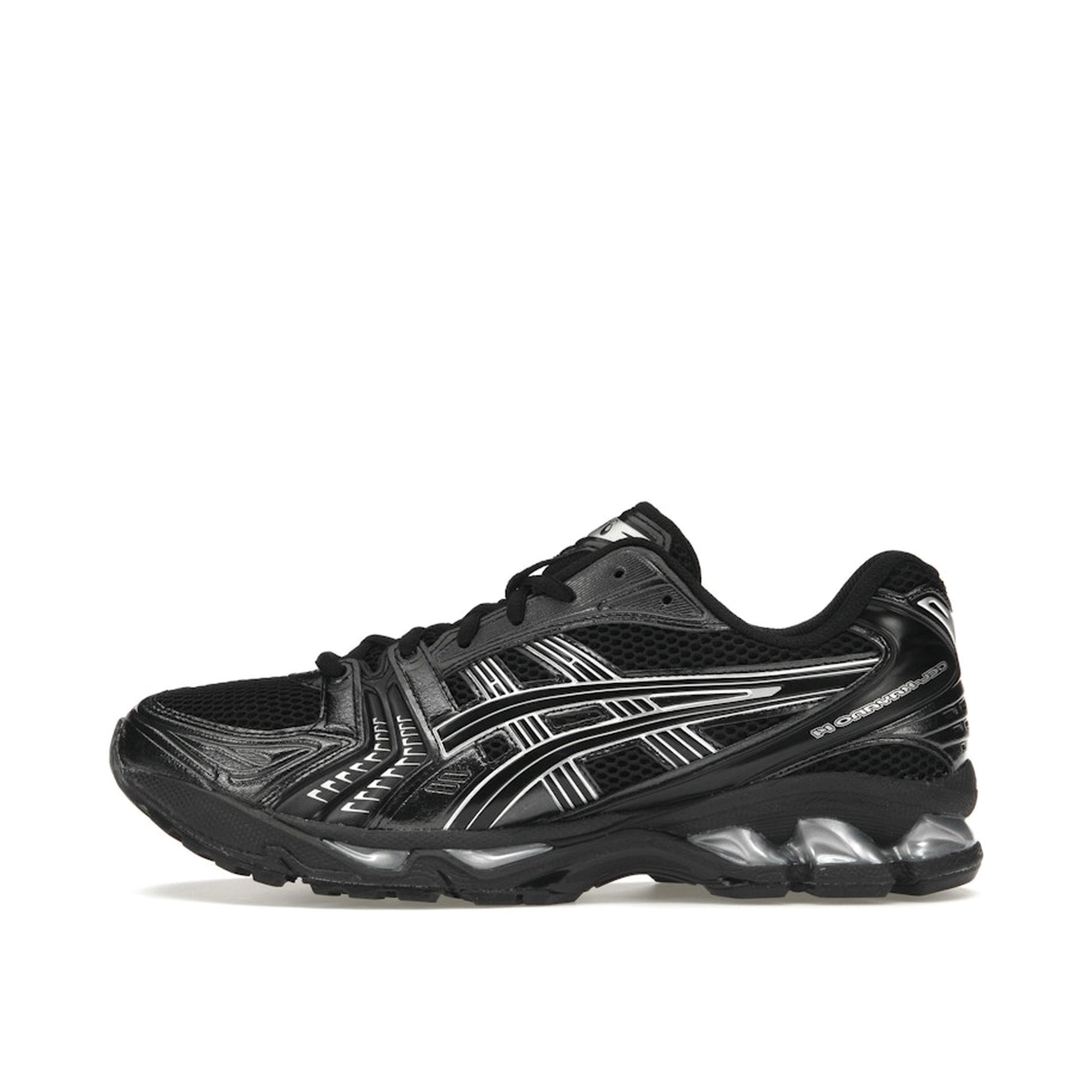 ASICS Gel-Kayano 14 sneakers, side view, in black with metallic silver details.