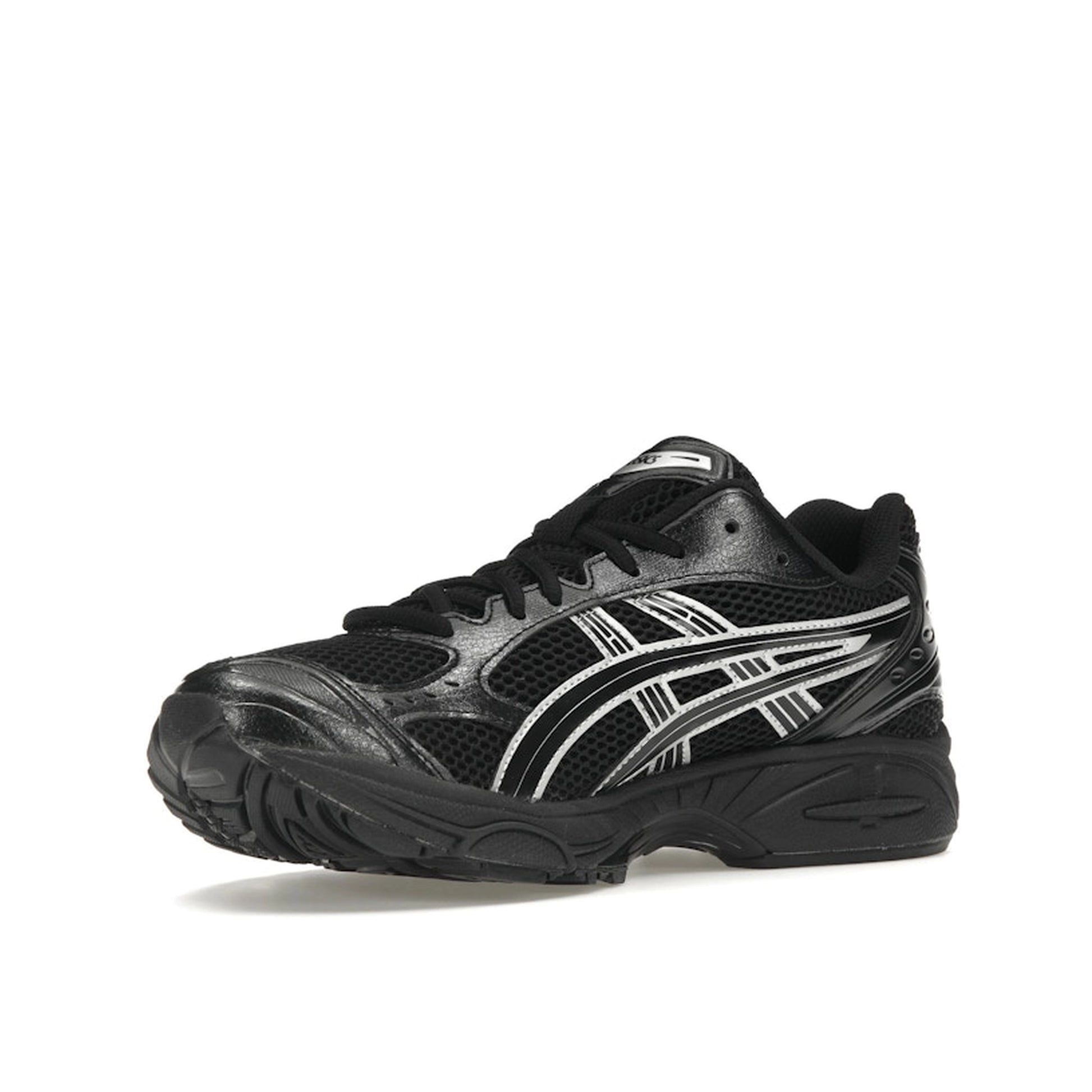 ASICS Gel-Kayano 14 sneakers, front view, in black with metallic silver details.