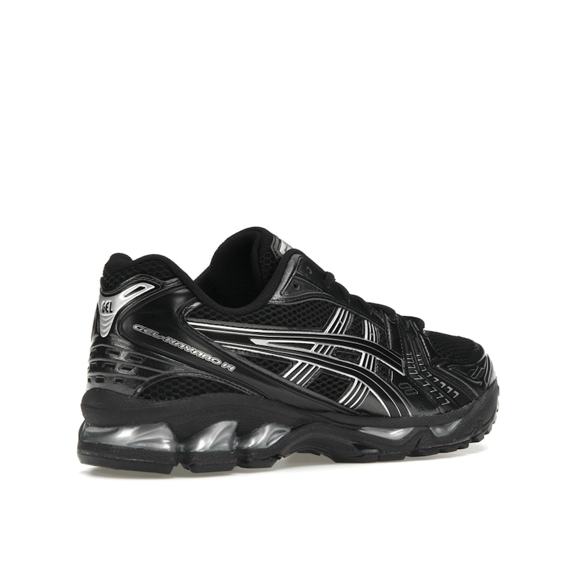 ASICS Gel-Kayano 14 sneakers, back view, in black with metallic silver details.