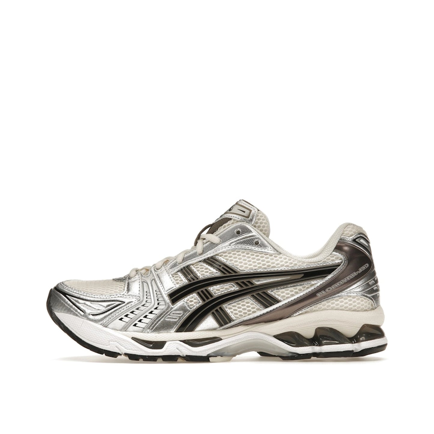 ASICS Gel-Kayano 14 sneakers, side view, model 1201A019-108, cream with black and metallic plum.