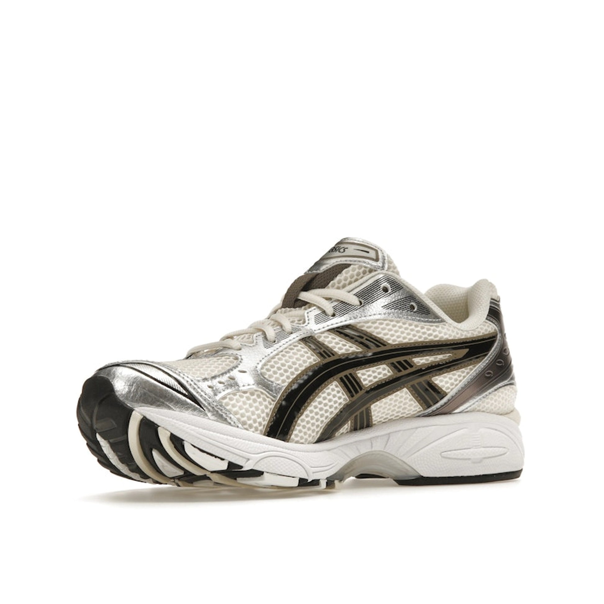 ASICS Gel-Kayano 14 sneakers, front view, model 1201A019-108, cream with black and metallic plum.