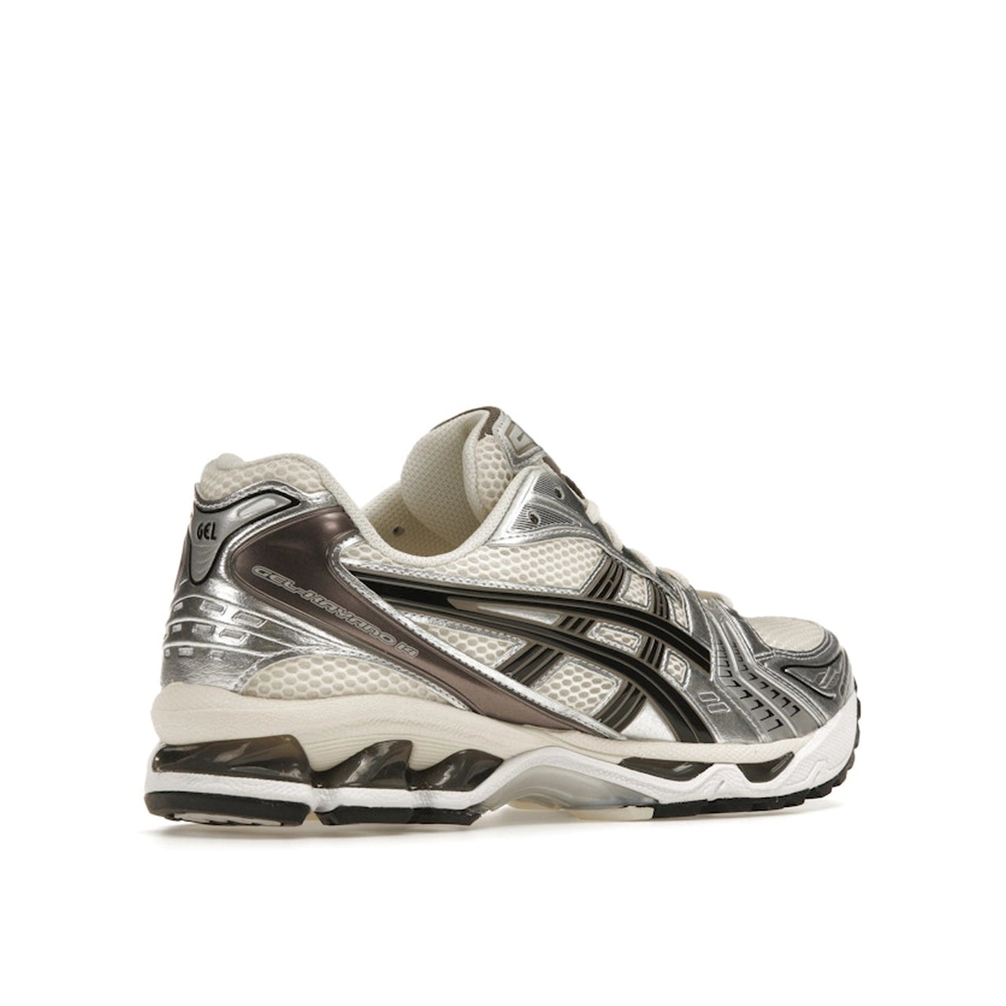 ASICS Gel-Kayano 14 sneakers, back view, model 1201A019-108, cream with black and metallic plum.