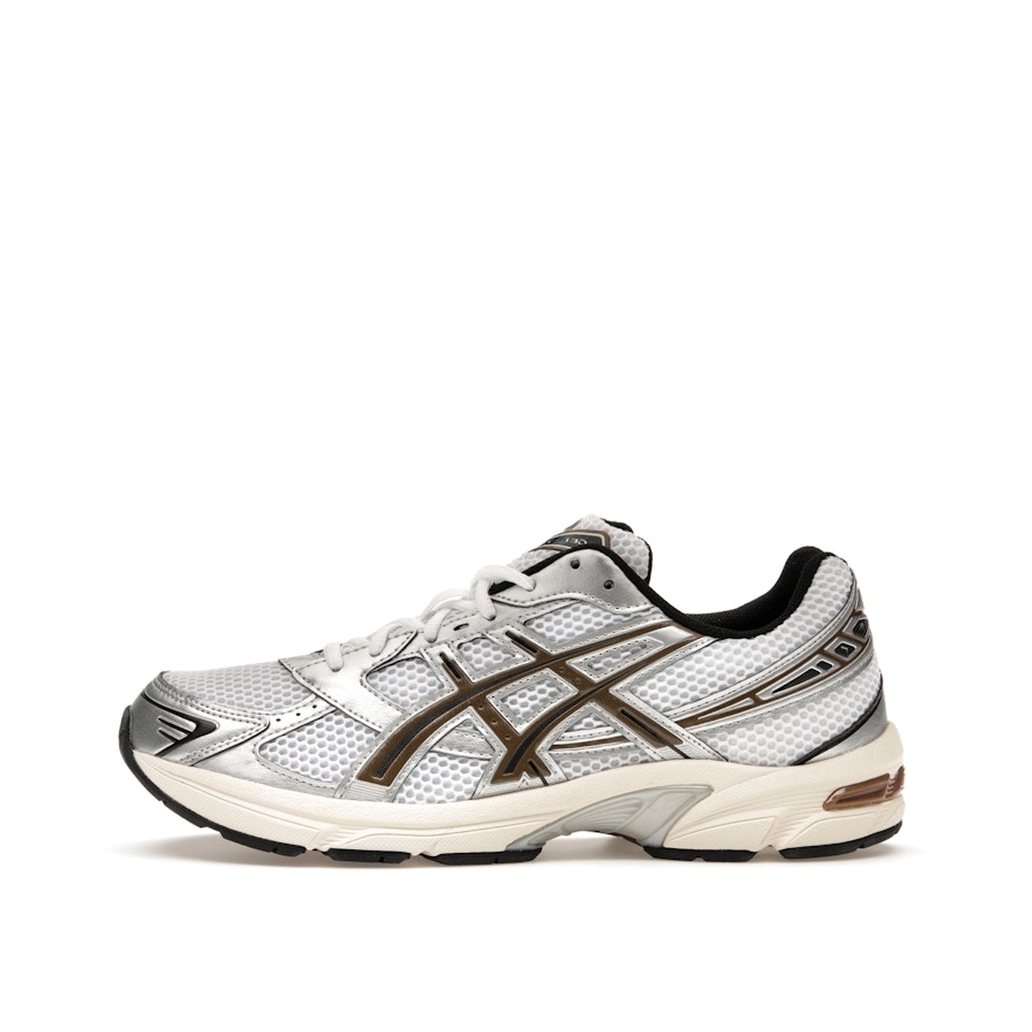 ASICS Gel-1130 sneakers, side view, model 1201A256-113, white with clay canyon accents.