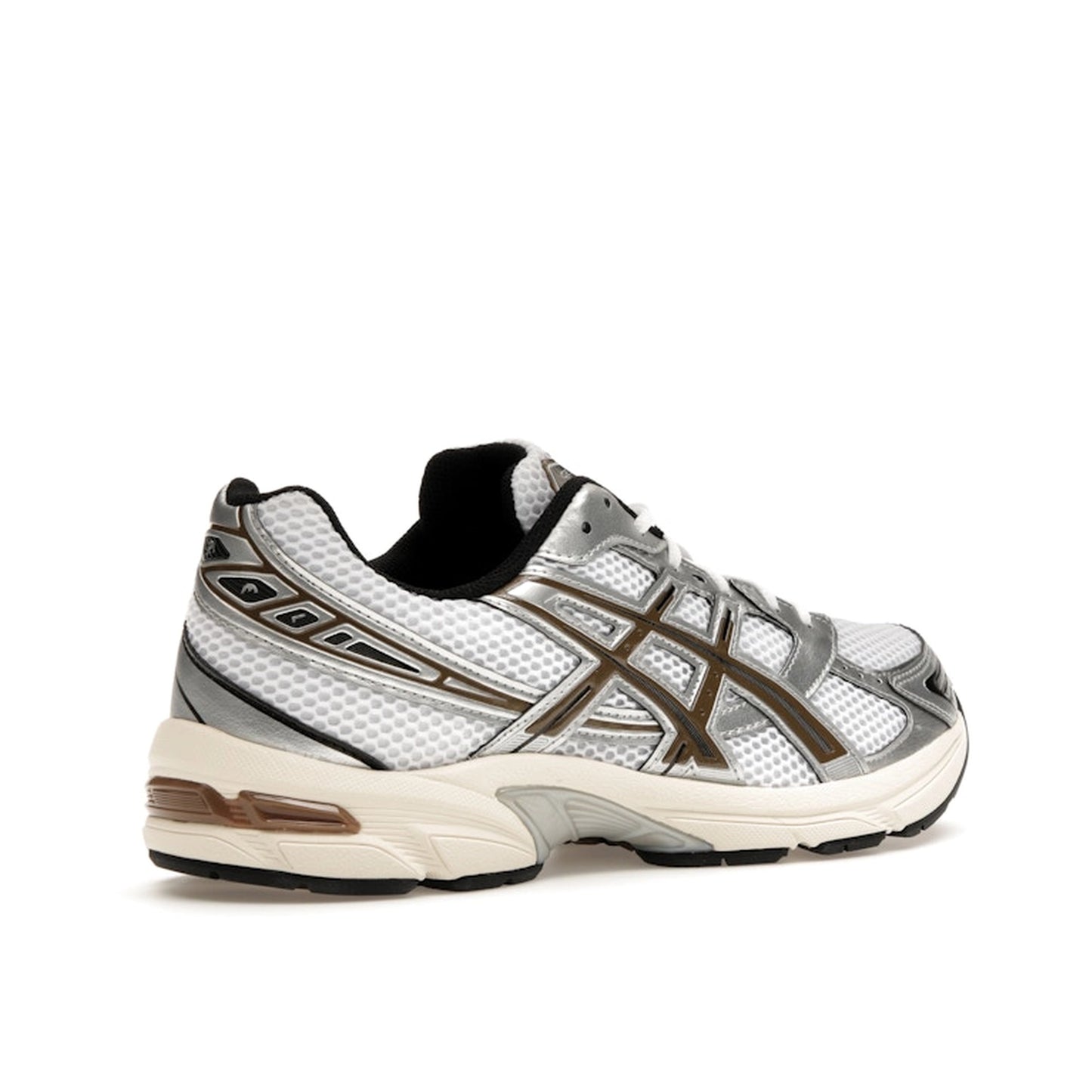 ASICS Gel-1130 sneakers, back view, model 1201A256-113, white with clay canyon accents.