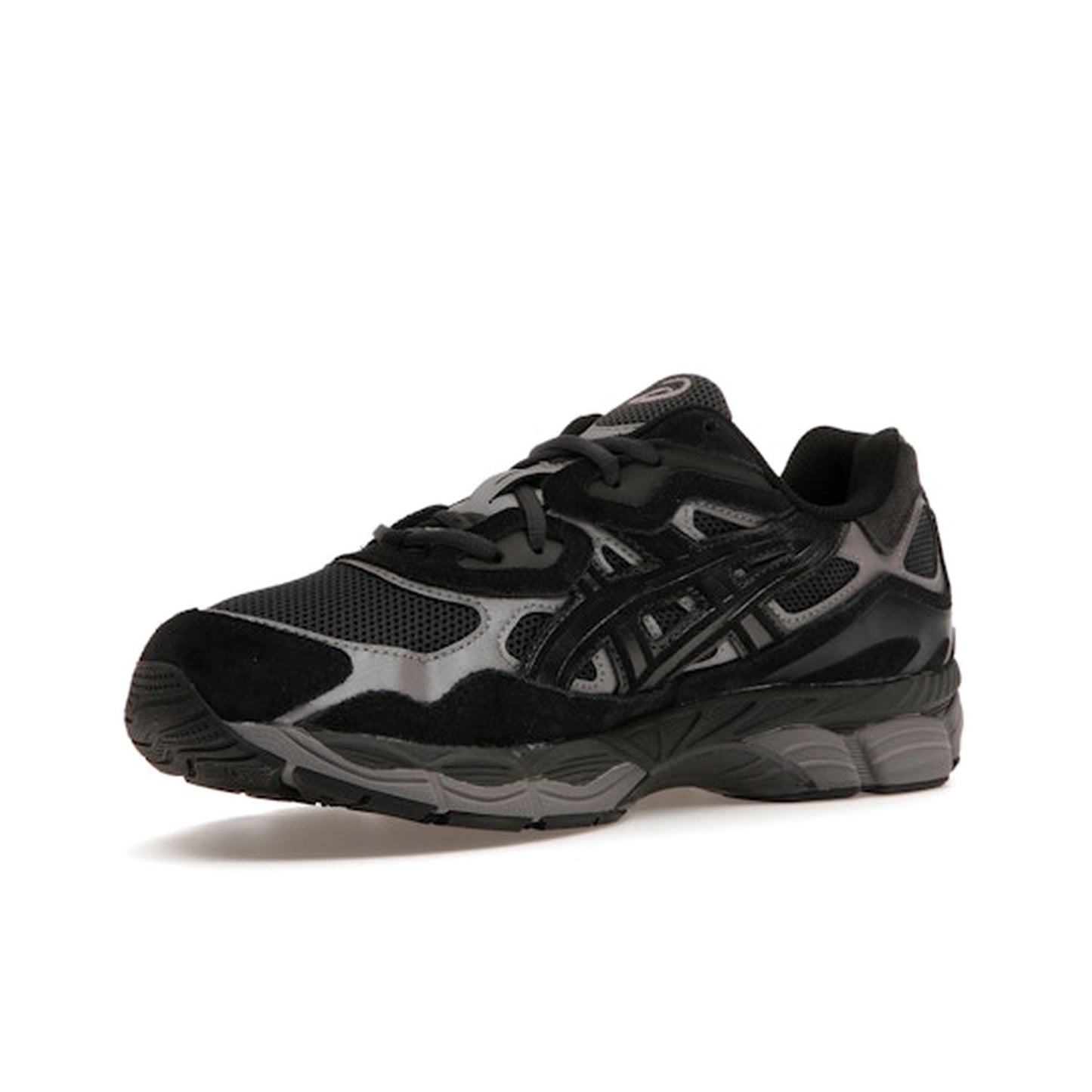 ASICS Gel-NYC Graphite Grey Black, front view, in dark grey mesh with black synthetic details.