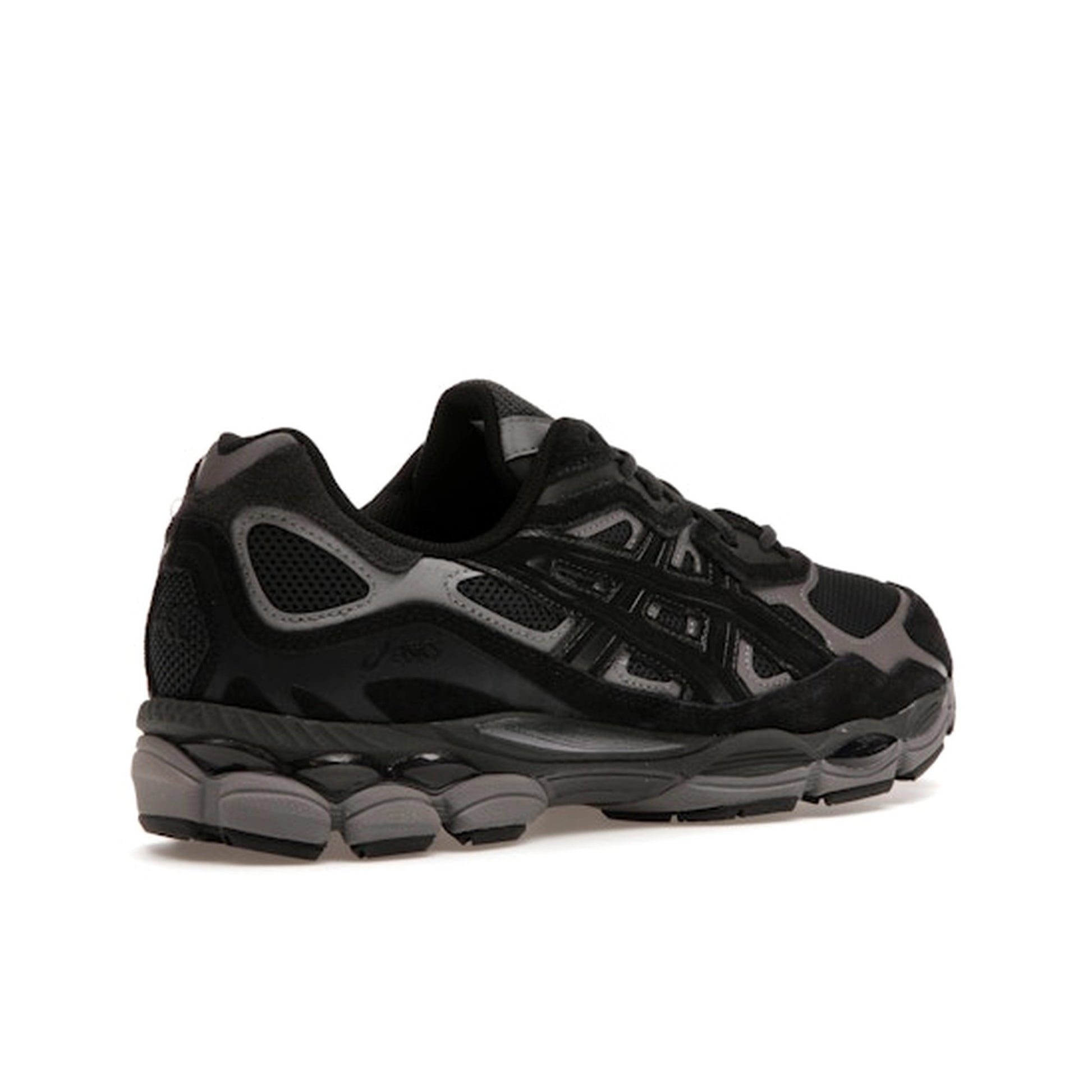 ASICS Gel-NYC Graphite Grey Black, back view, in dark grey mesh with black synthetic details.