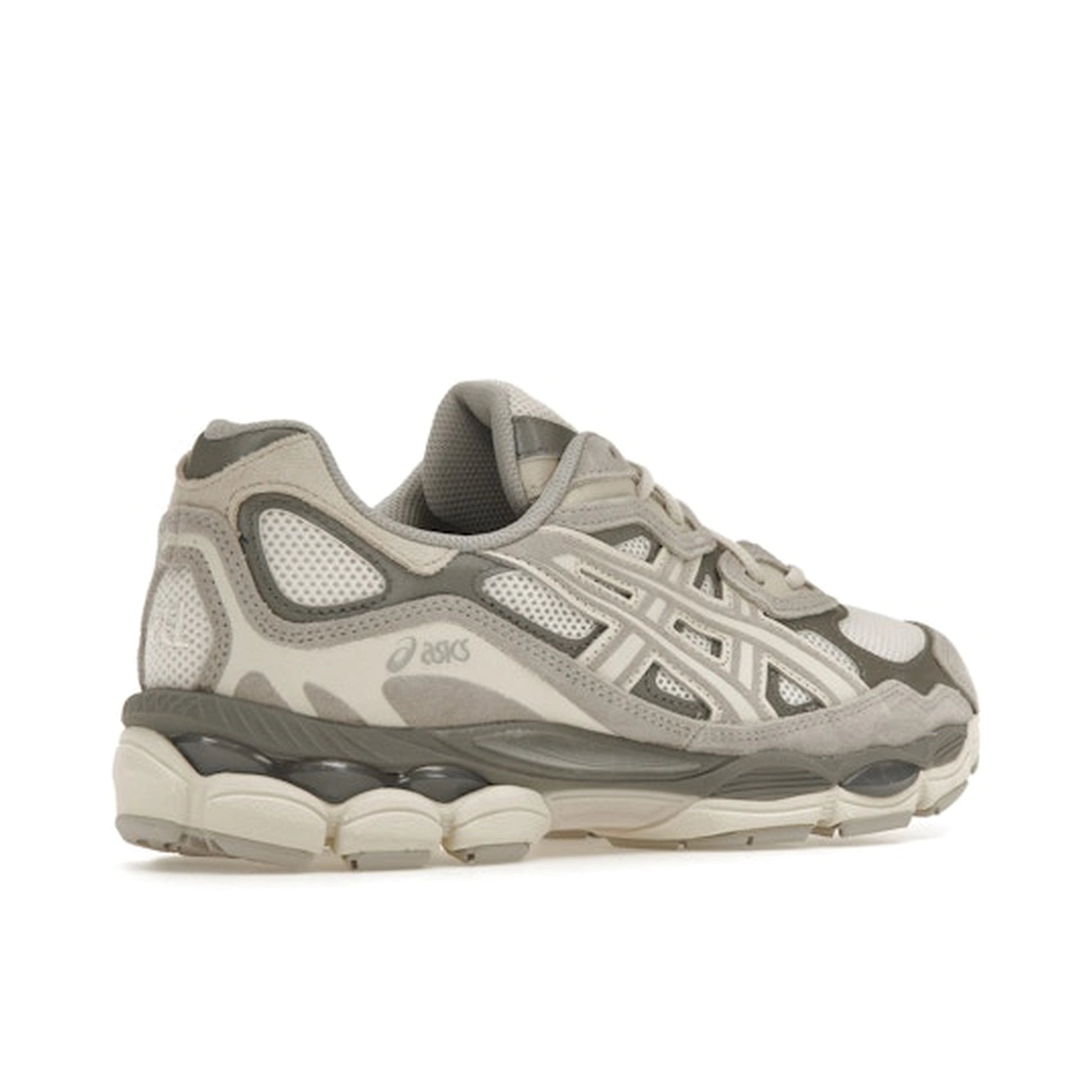 ASICS Gel-NYC Oyster Grey, back view, in soft grey mesh with tonal overlays and sculpted sole.