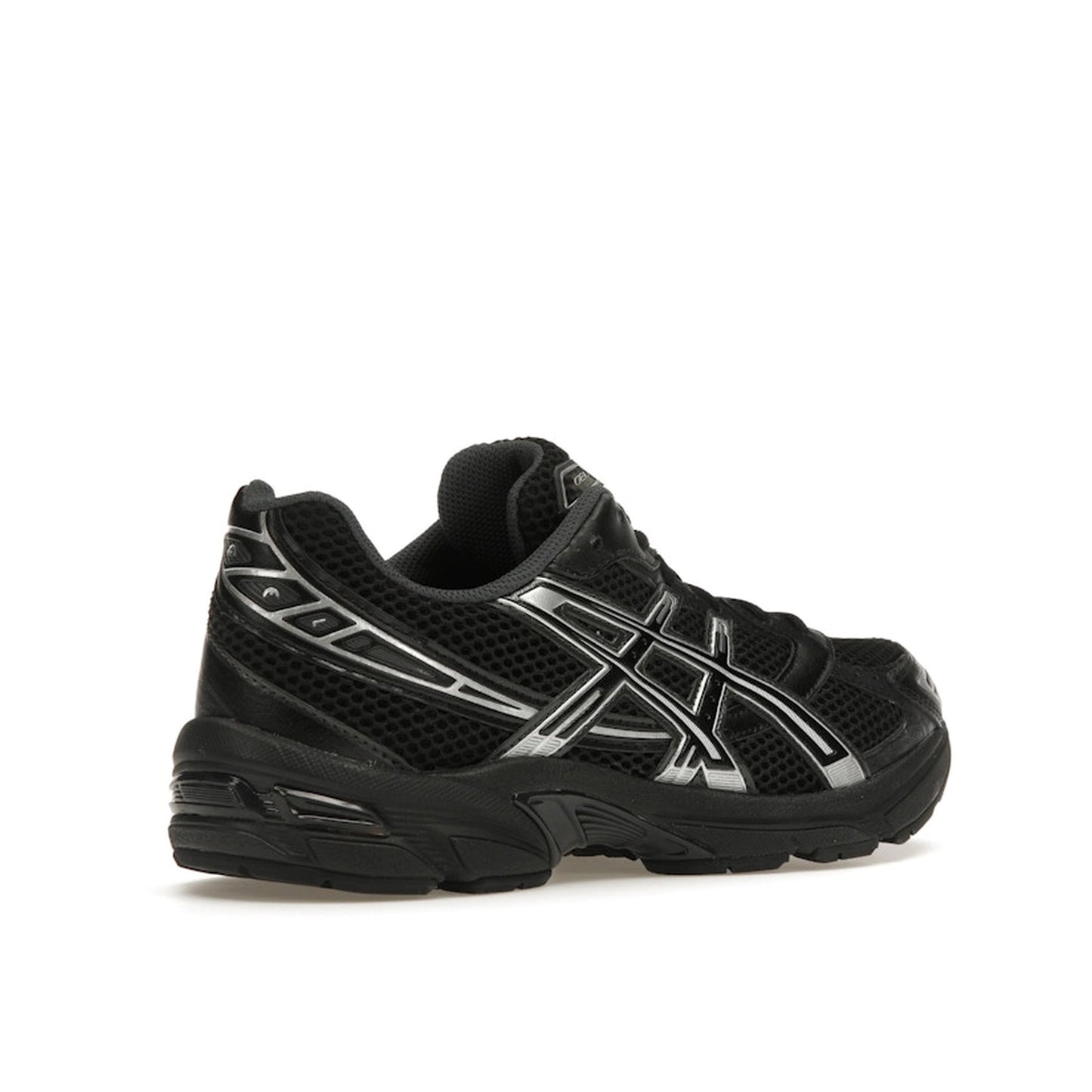 ASICS Gel-1130, back view, in black with silver tones and GEL cushioning technology.