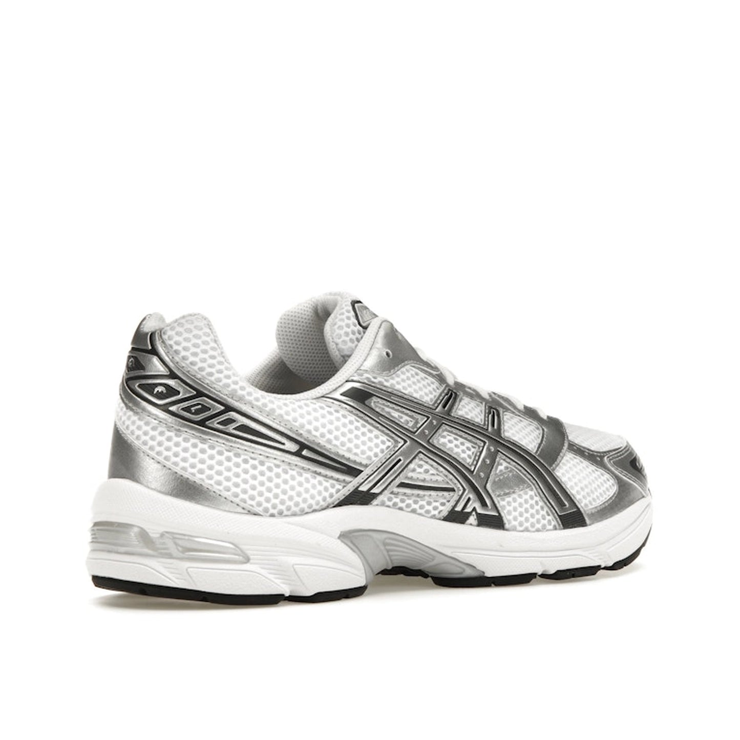 ASICS Gel-1130 sneakers, back view, in white with pure silver details.