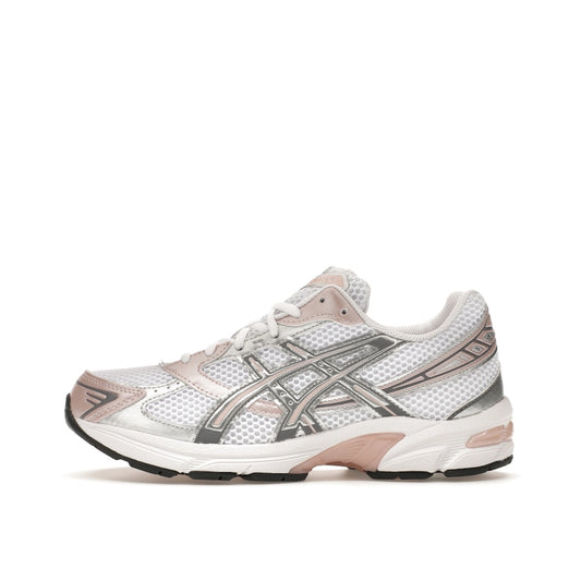 ASICS Gel-1130, side view, in white mesh with neutral pink and silver details.