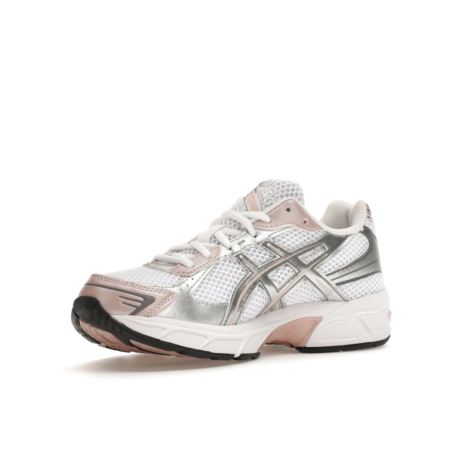 ASICS Gel-1130, front view, in white mesh with neutral pink and silver details.