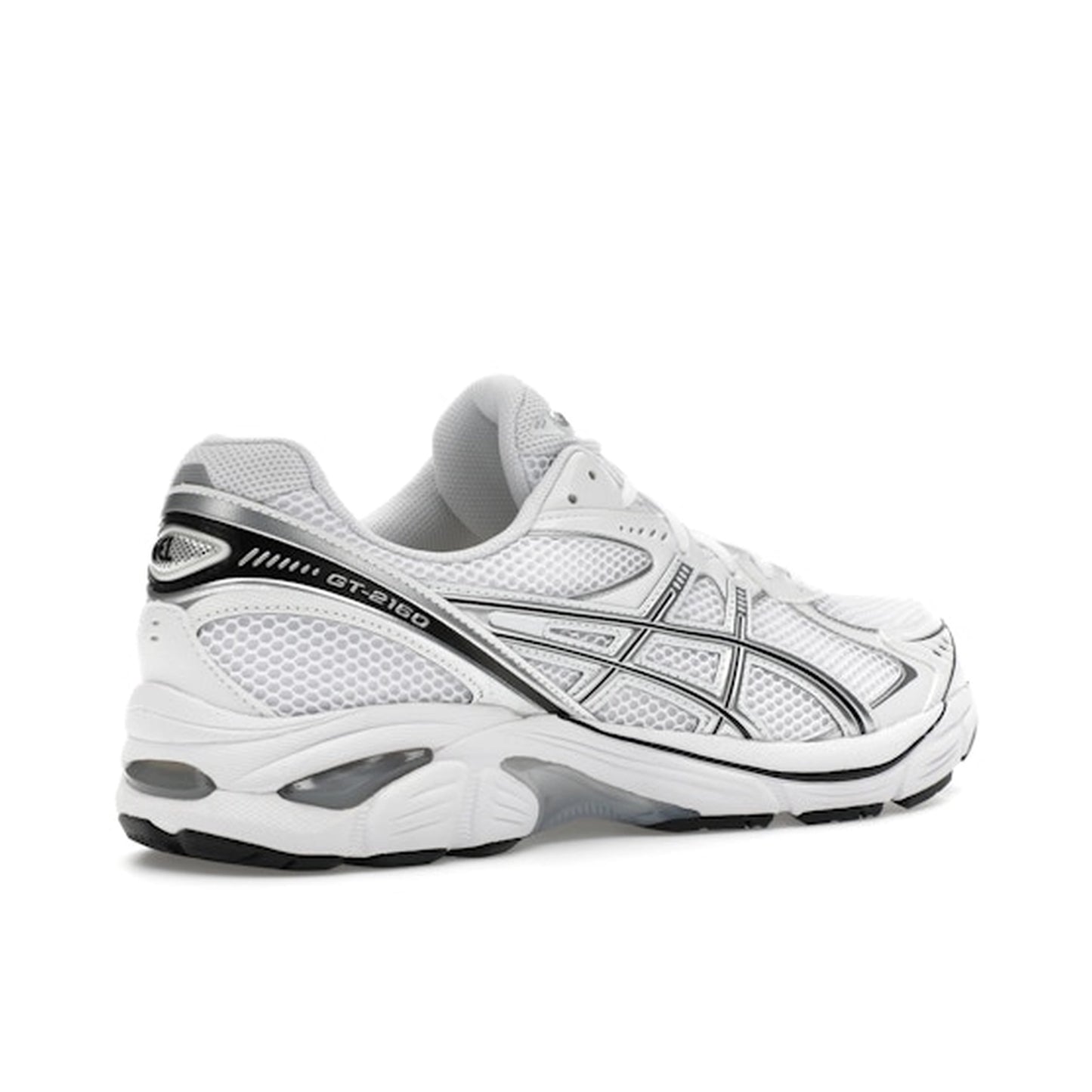 ASICS GT-2160 White Pure Silver, back view, in clean white mesh with metallic silver overlays.