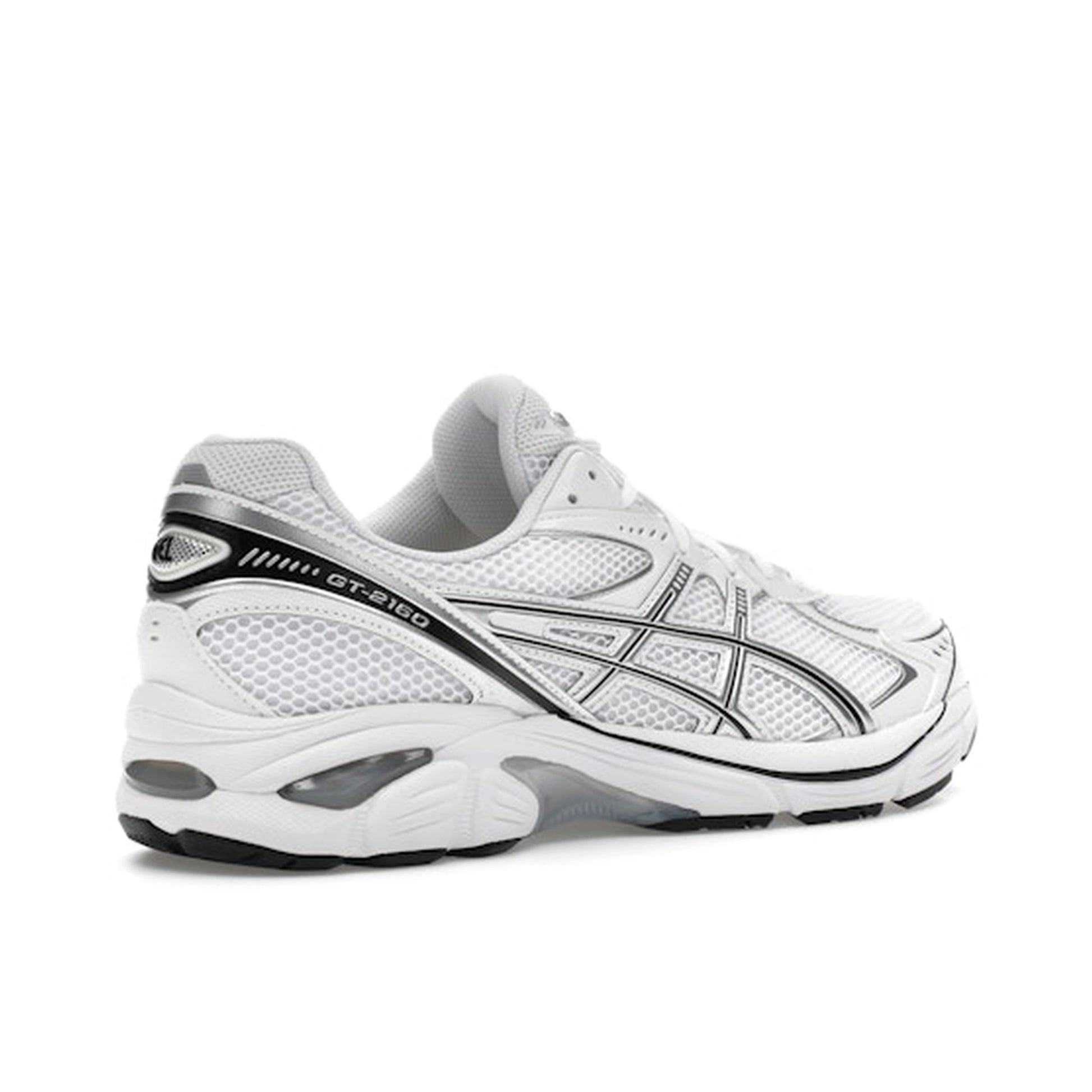 ASICS GT-2160 White Pure Silver, back view, in clean white mesh with metallic silver overlays.