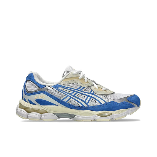 ASICS Gel-NYC men’s sneakers in white with blue coast accents, mesh upper and suede overlays