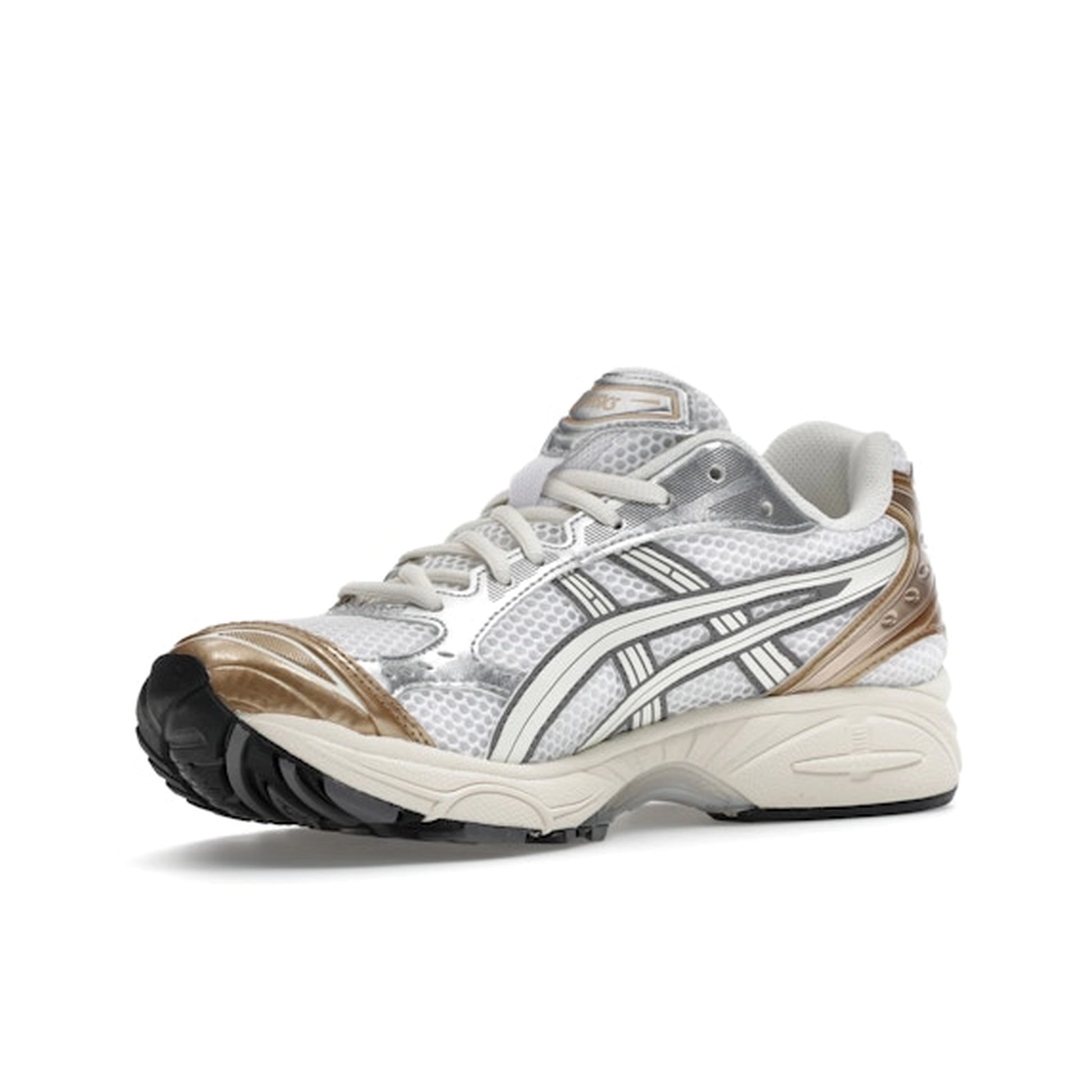 ASICS GEL-Kayano 14 Olympic Medals, front view, in white mesh with gold and bronze metallic overlays.