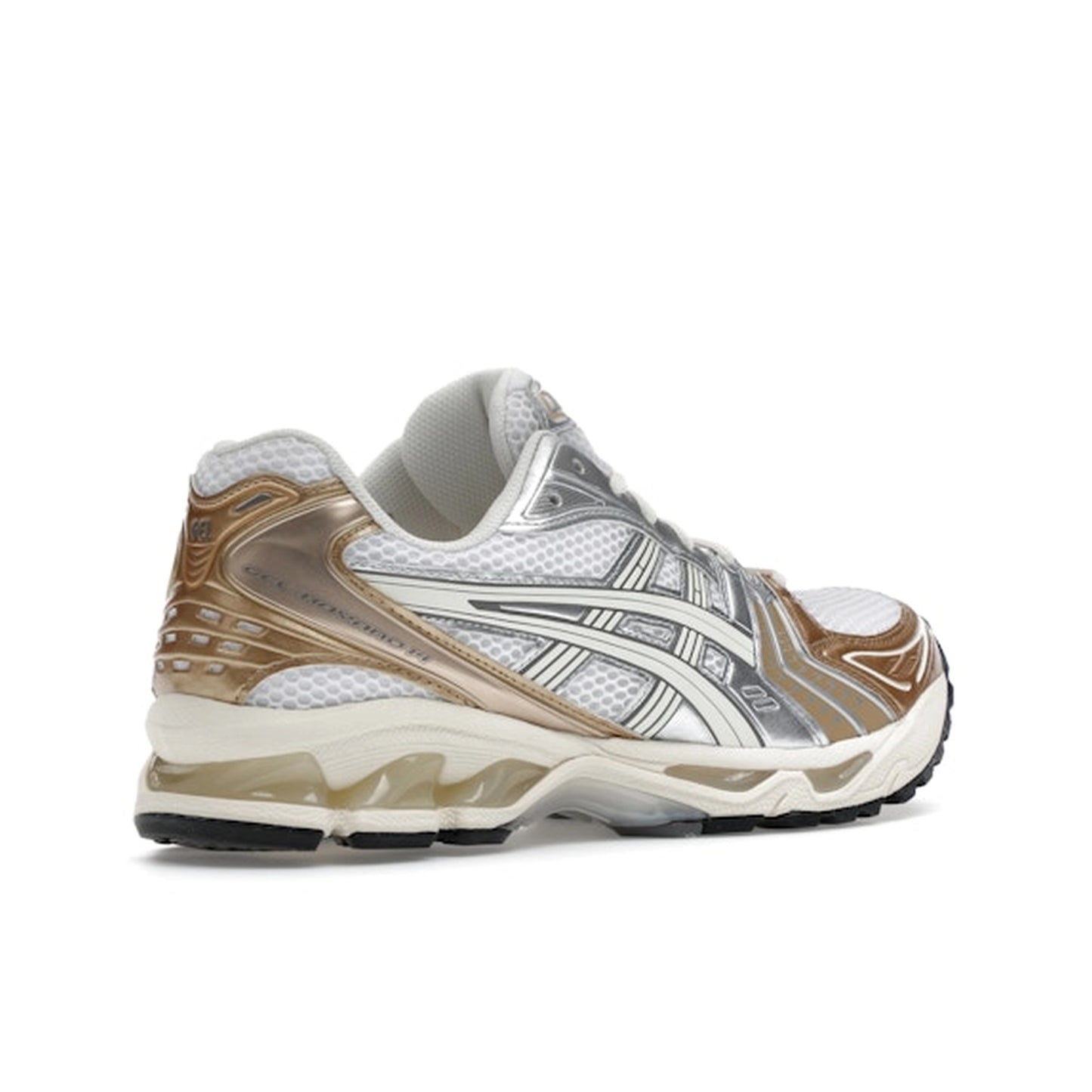 ASICS GEL-Kayano 14 Olympic Medals, back view, in white mesh with gold and bronze metallic overlays.