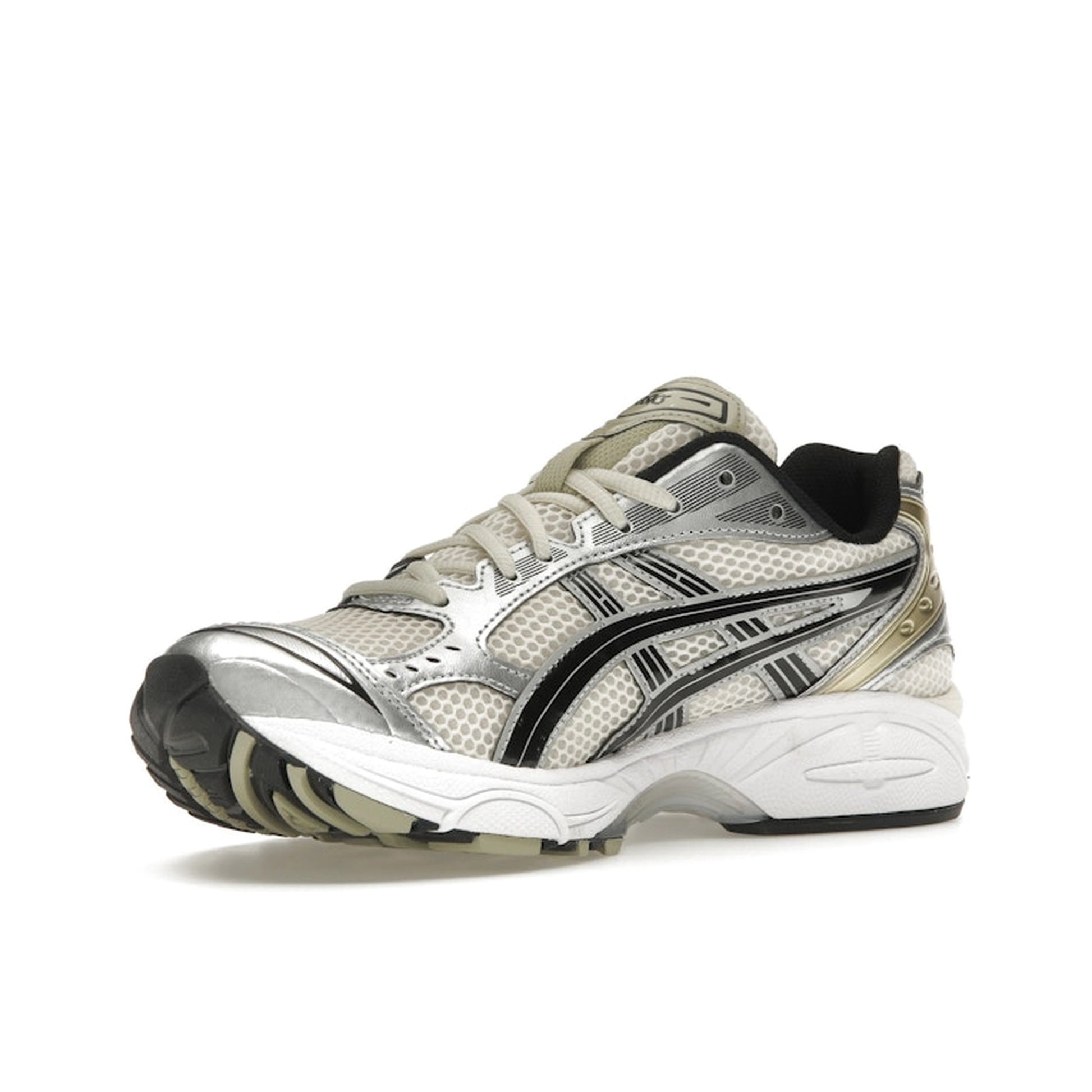 ASICS Gel-Kayano 14 Birch, front view, in soft beige mesh with silver synthetic structure.
