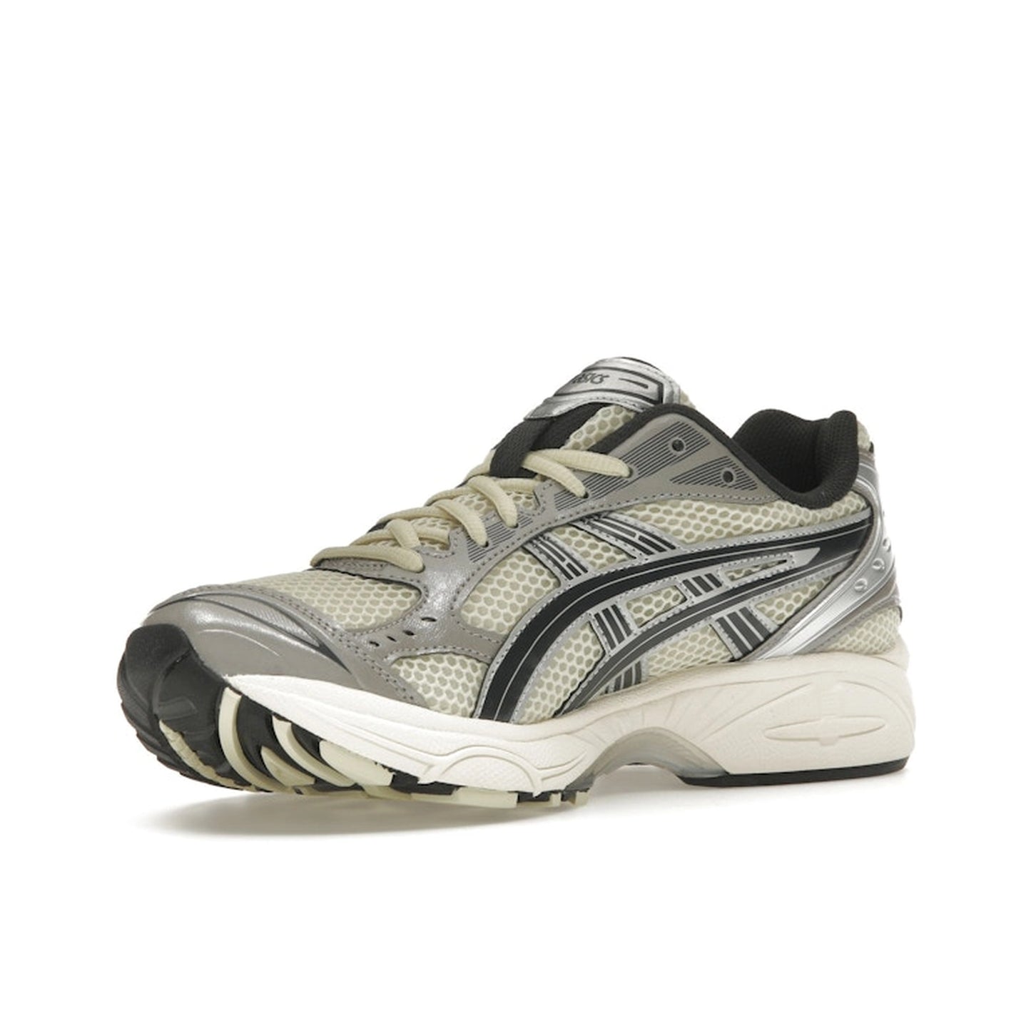 ASICS Gel-Kayano 14, front view, in oyster white mesh with steeple grey synthetic details.