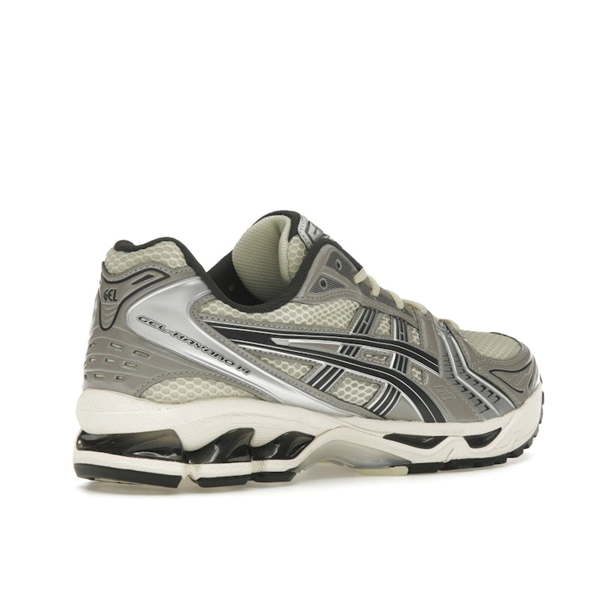 ASICS Gel-Kayano 14, back view, in oyster white mesh with steeple grey synthetic details.