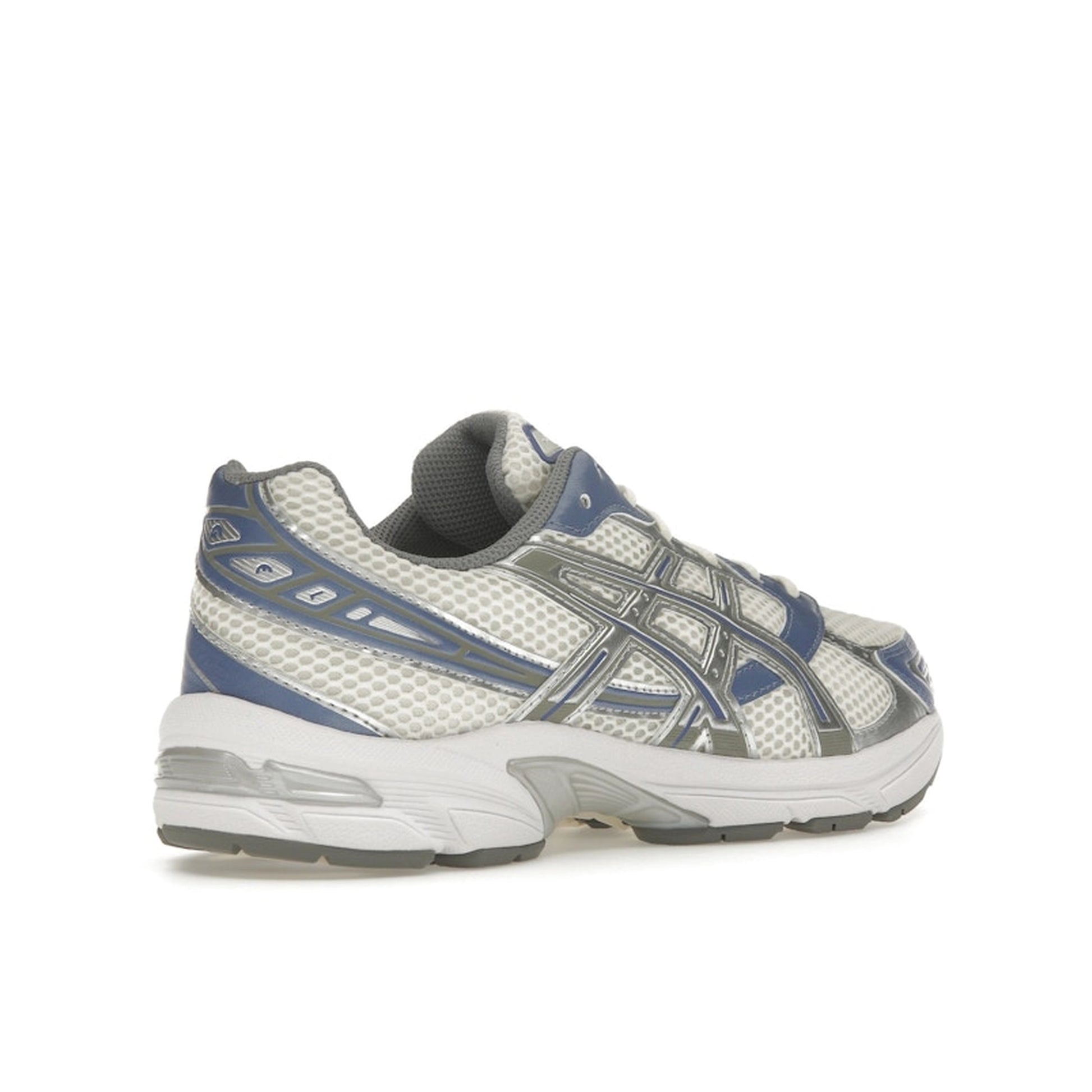 ASICS GEL-1130 sneakers, back view, in cream with blueberry blue accents.