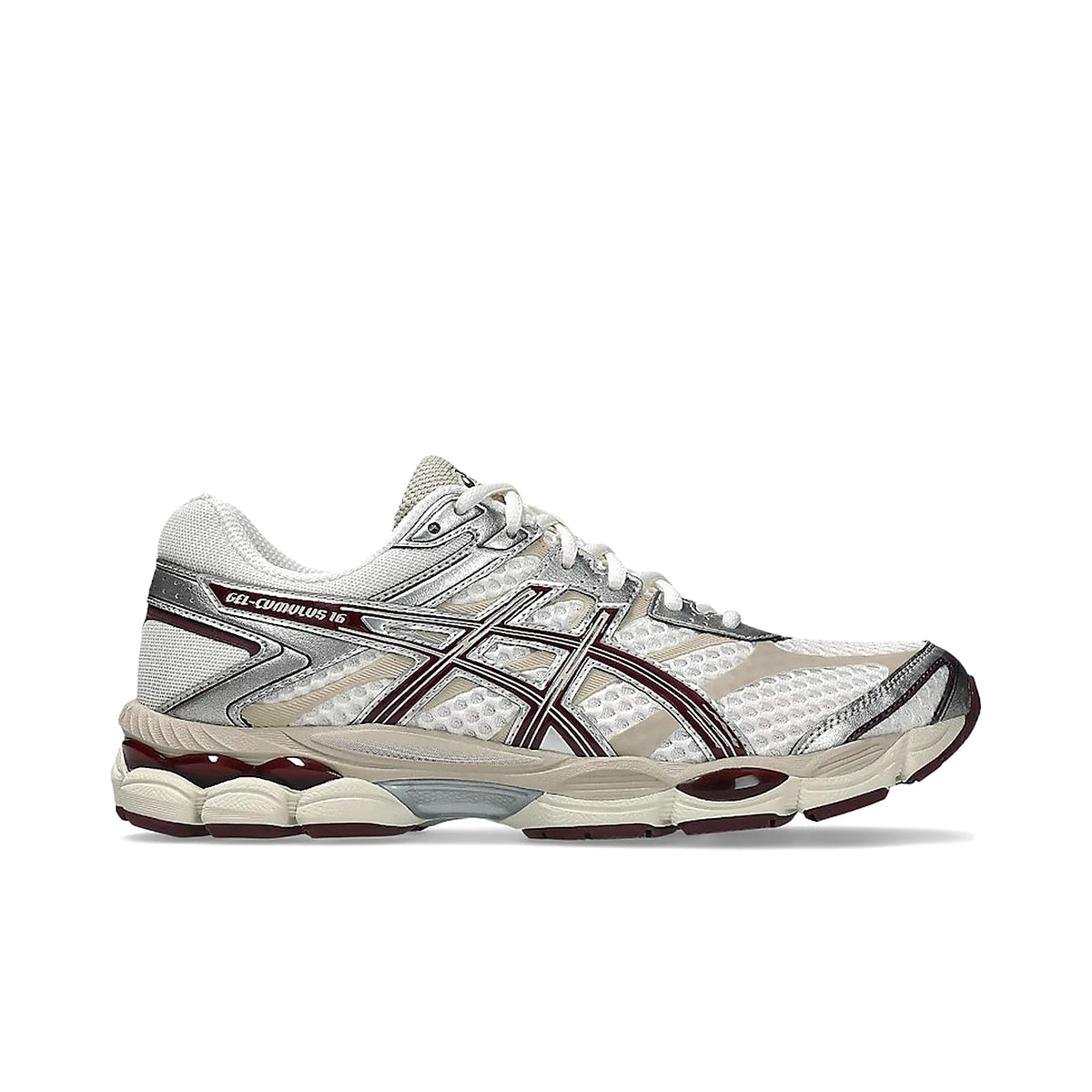 ASICS Gel-Cumulus 16 sneakers in cream with Beniimo purple accents, mesh upper