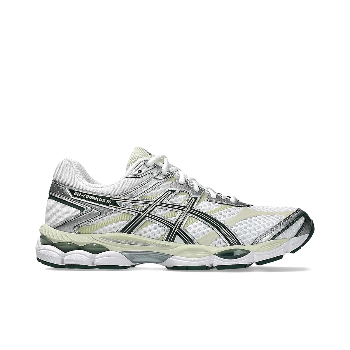 ASICS Gel‑Cumulus 16 unisex sneakers in white with forest night mesh accents