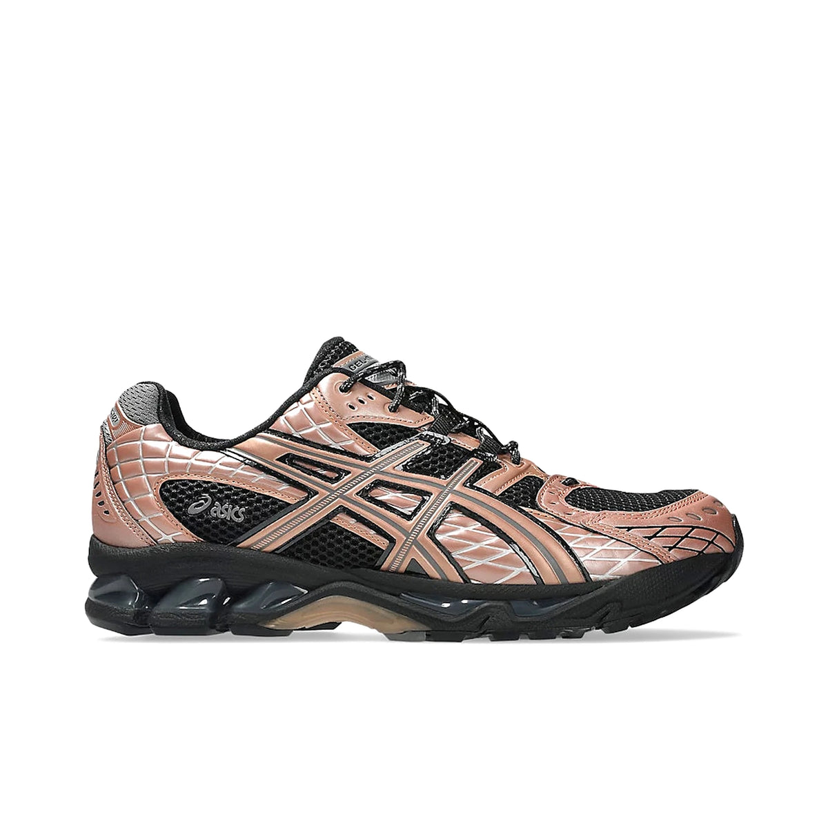 ASICS Gel‑Nimbus 10.1 men’s sneakers in black with rose gold accents, mesh upper