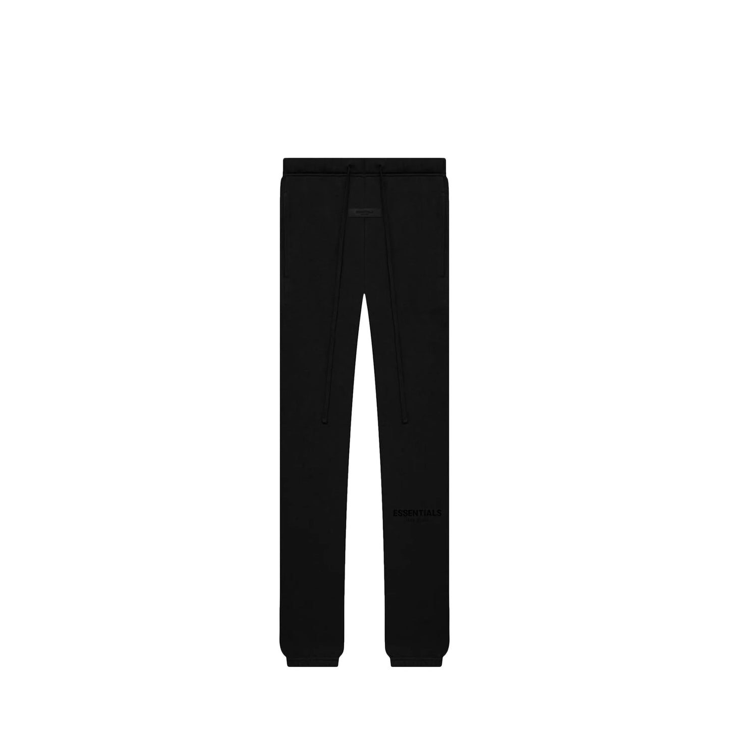 Fear of God Essentials Sweatpants, front view, in Stretch Limo black with tonal branding.
