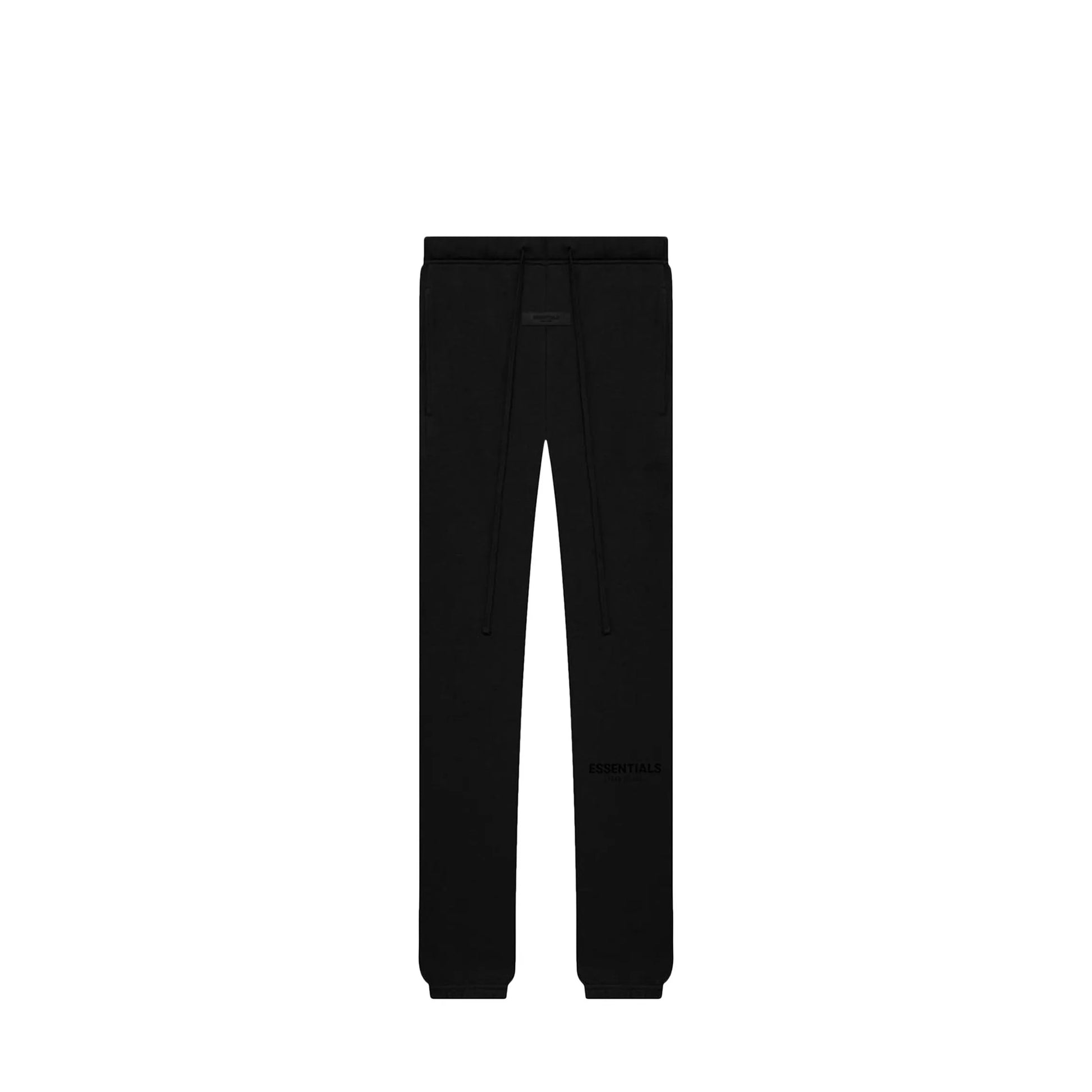 Fear of God Essentials Sweatpants, front view, in Stretch Limo black with tonal branding.