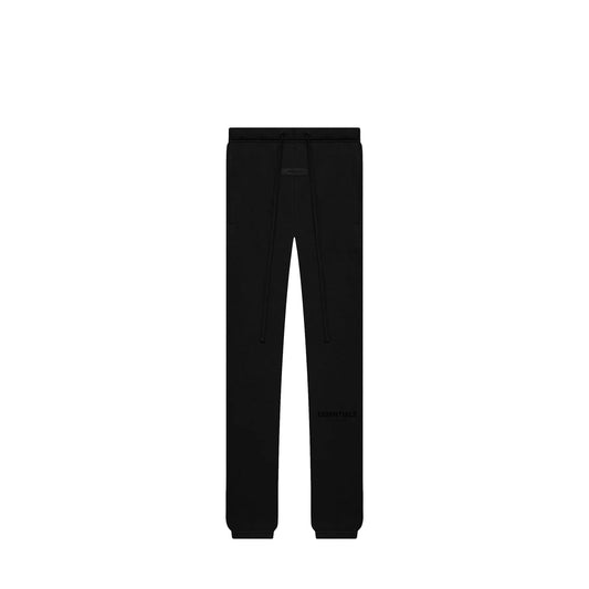 Fear of God Essentials Sweatpants, front view, in Stretch Limo black with tonal branding.