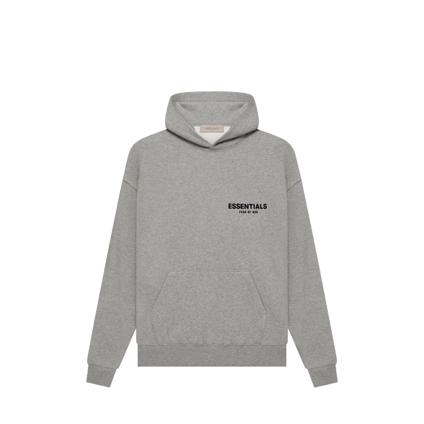 Fear of God Essentials Hoodie, side view, in Dark Oatmeal with tonal logo on chest.