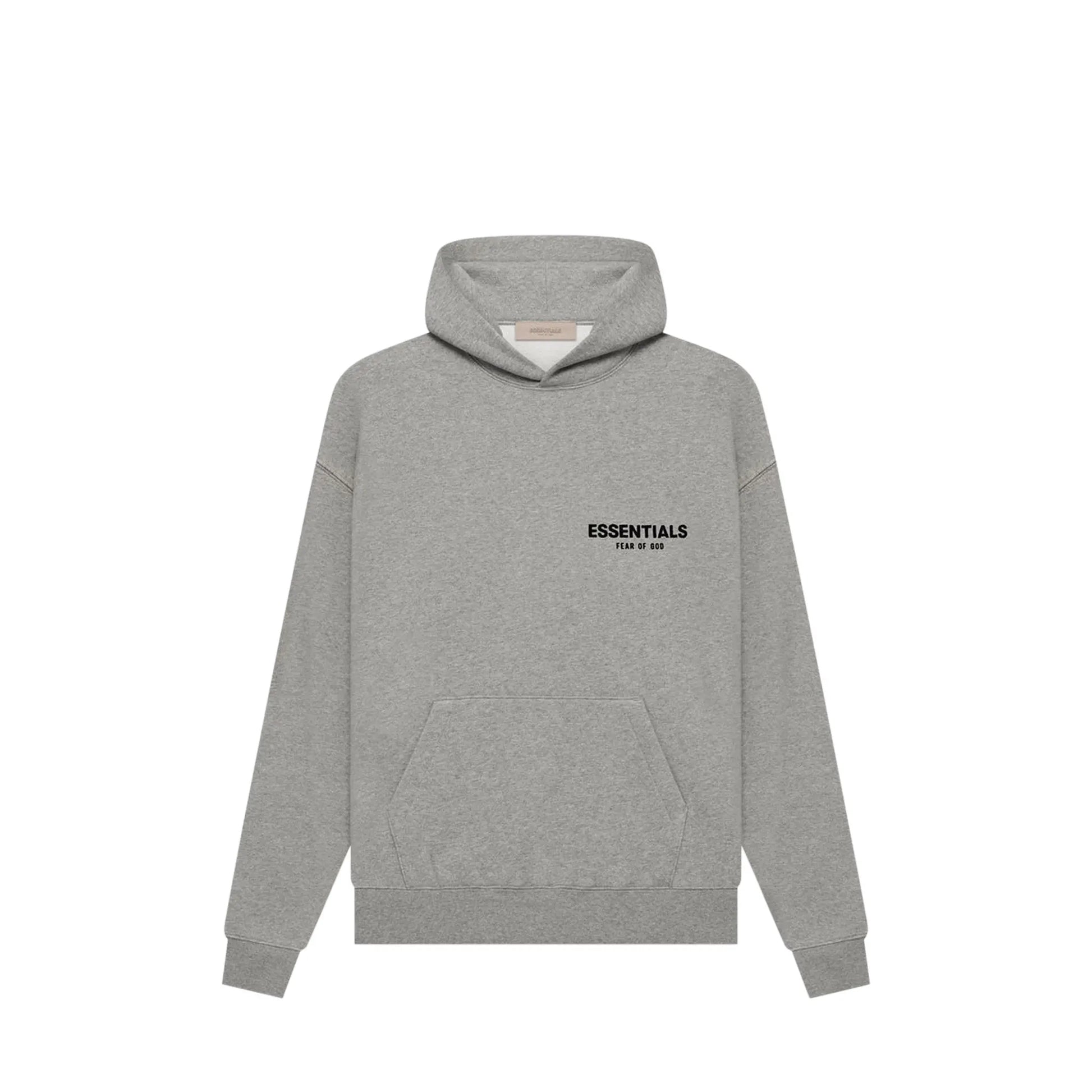 Fear of God Essentials Hoodie, side view, in Dark Oatmeal with tonal logo on chest.