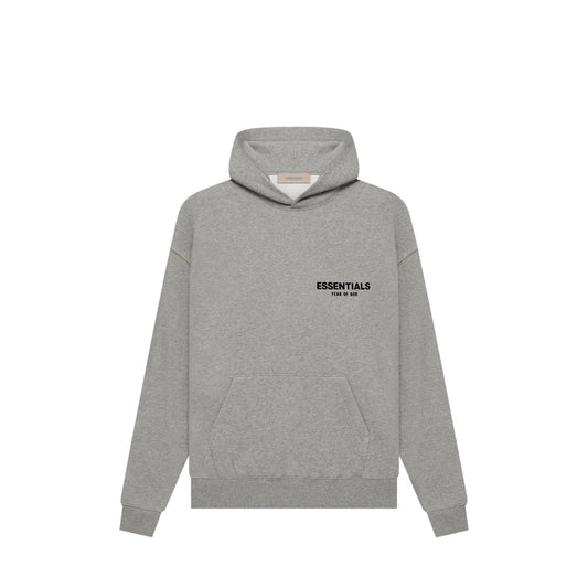 Fear of God Essentials Hoodie, side view, in Dark Oatmeal with tonal logo on chest.