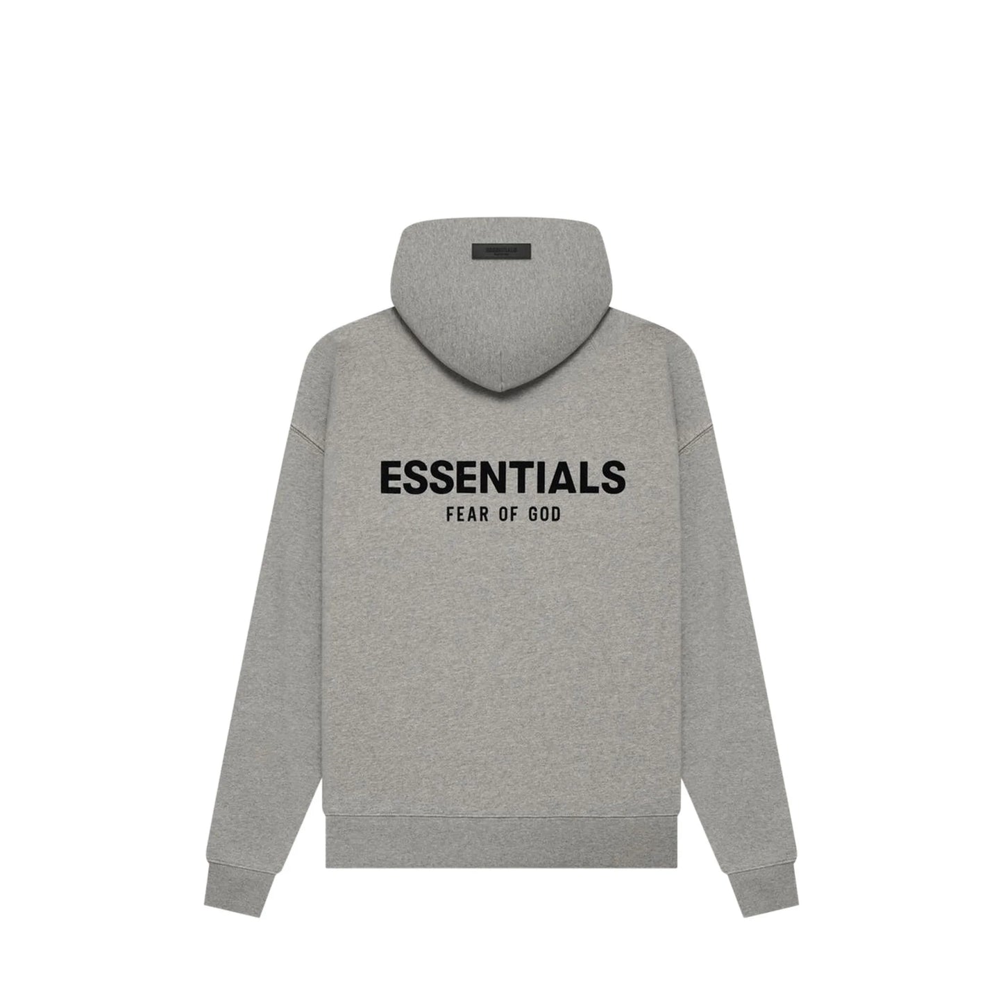 Fear of God Essentials Hoodie, back view, in Dark Oatmeal with tonal logo on chest.