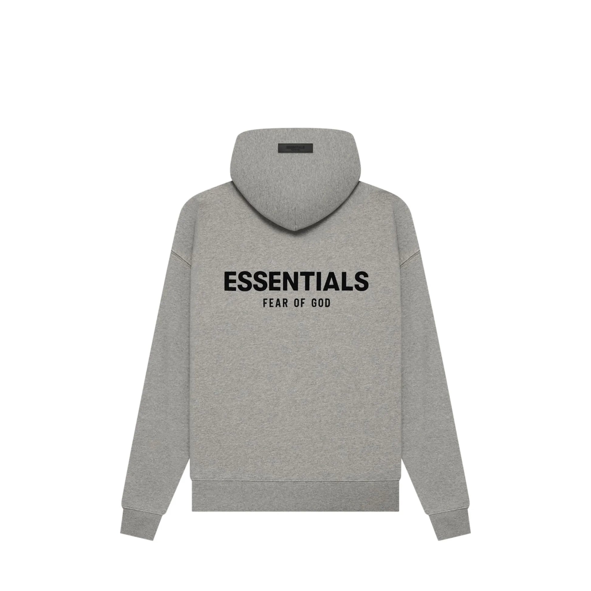 Fear of God Essentials Hoodie, back view, in Dark Oatmeal with tonal logo on chest.