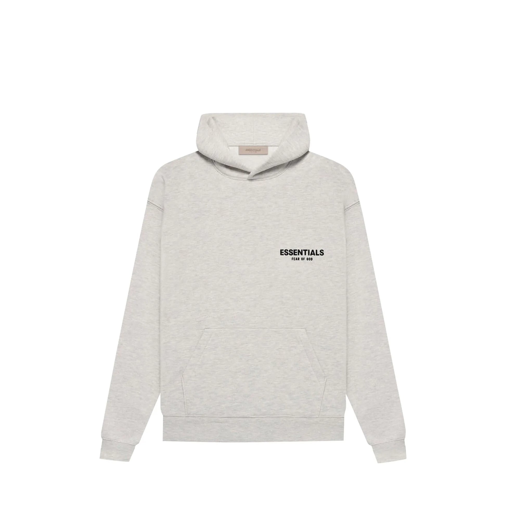 Fear of God Essentials Hoodie, side view, in Light Oatmeal with tonal chest logo.