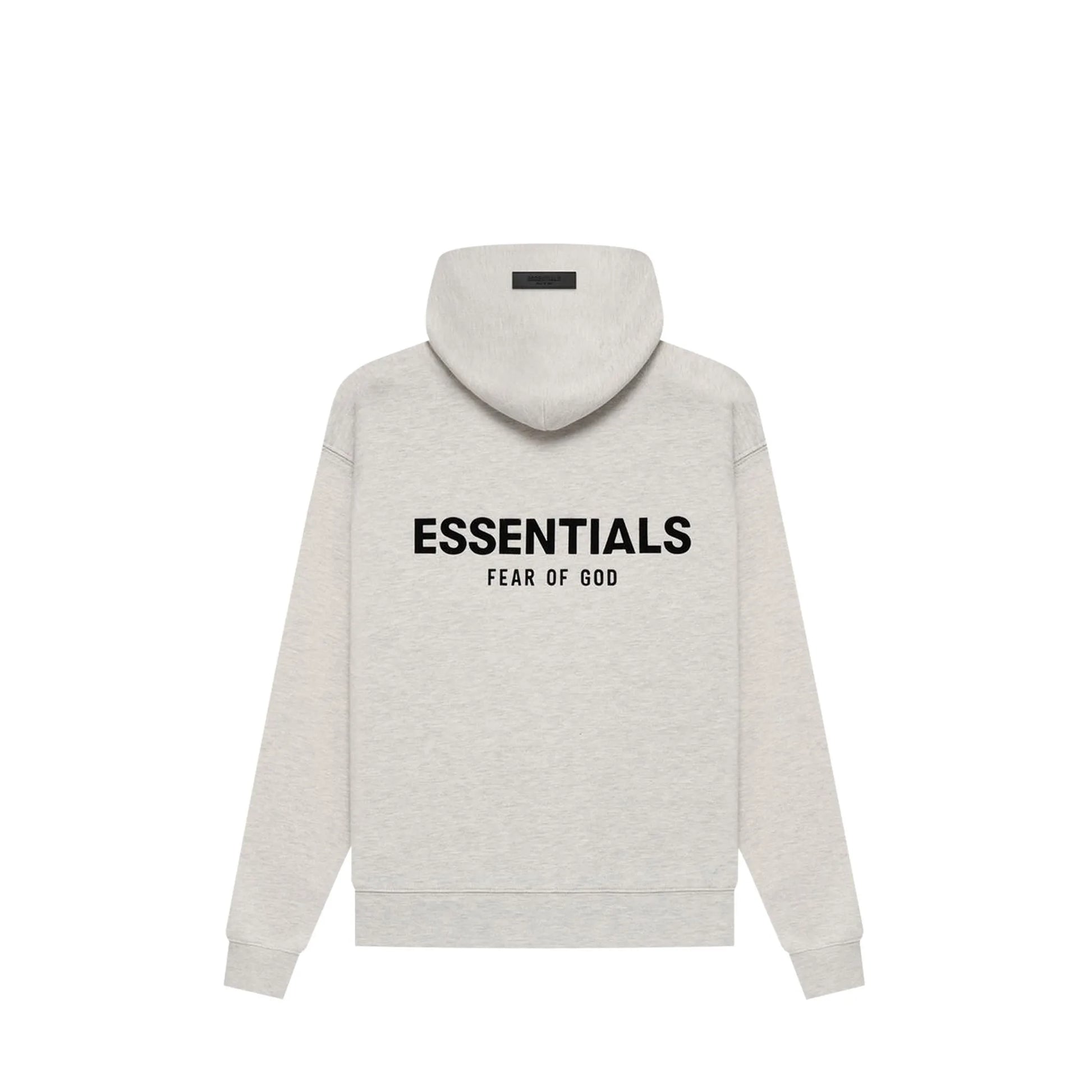 Fear of God Essentials Hoodie, back view, in Light Oatmeal with tonal chest logo.