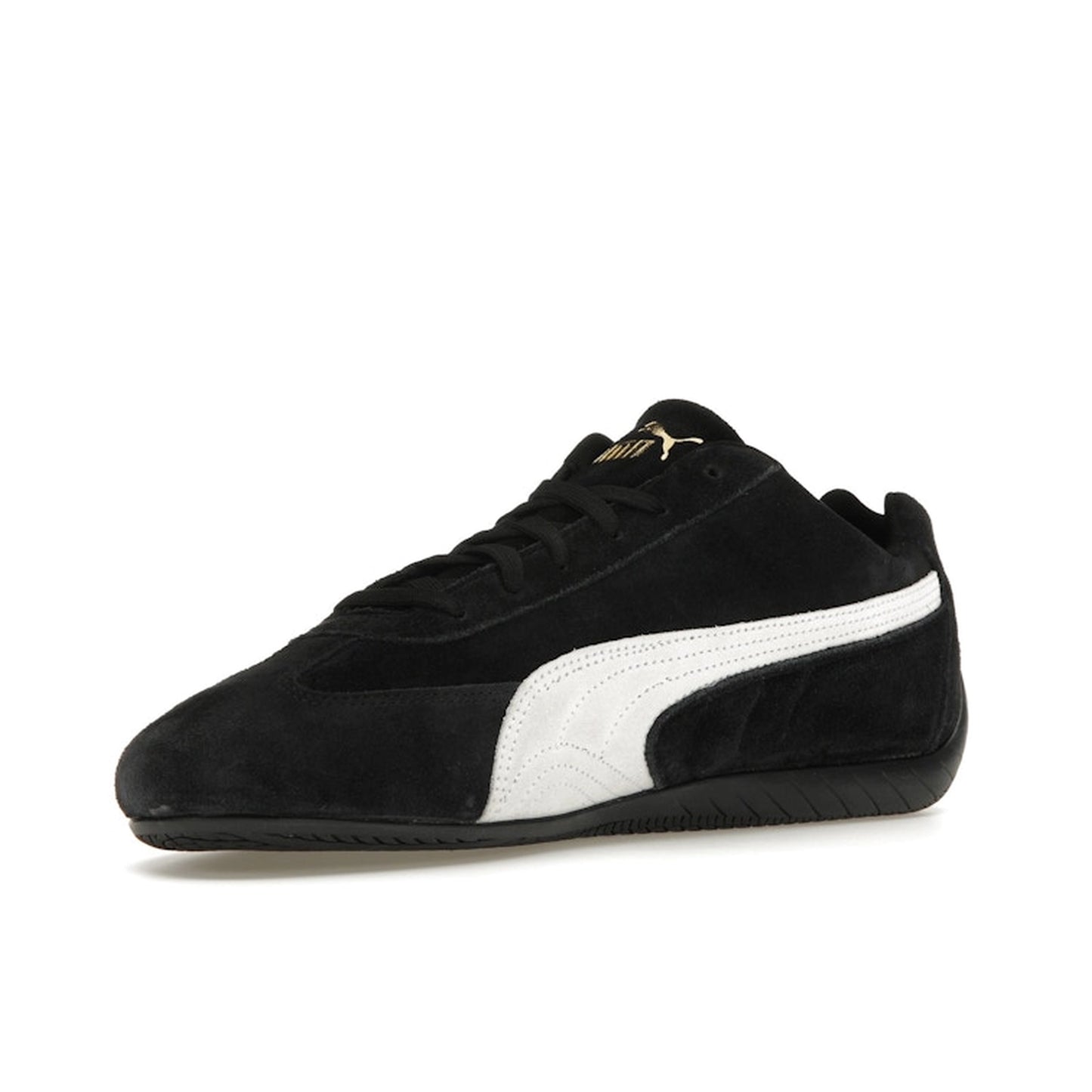 Puma Speedcat OG Black White, front view, retro motorsport design with black suede and white details.